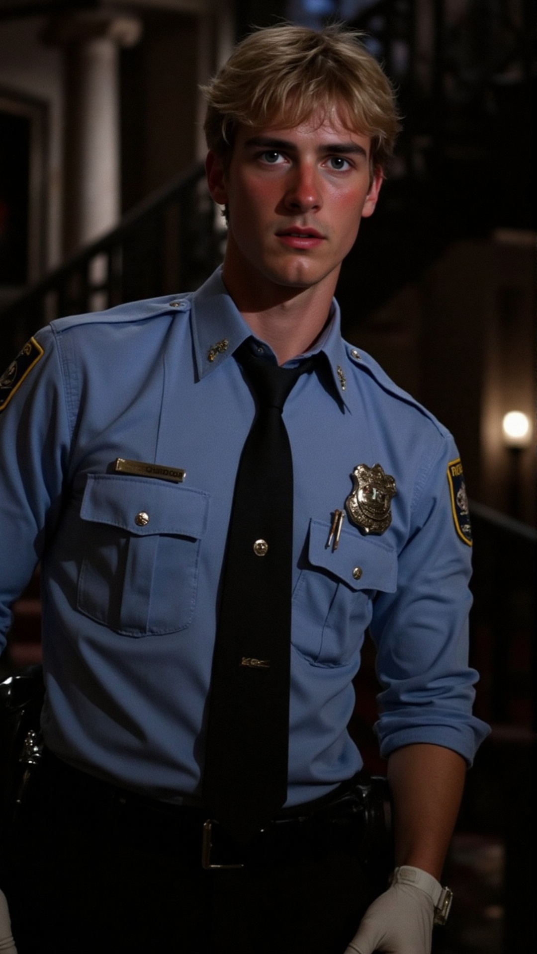 A young slim policeman investigating. Wearing 90s police uniform: rich light blue rolled up sleeves shirts,  black ties,...