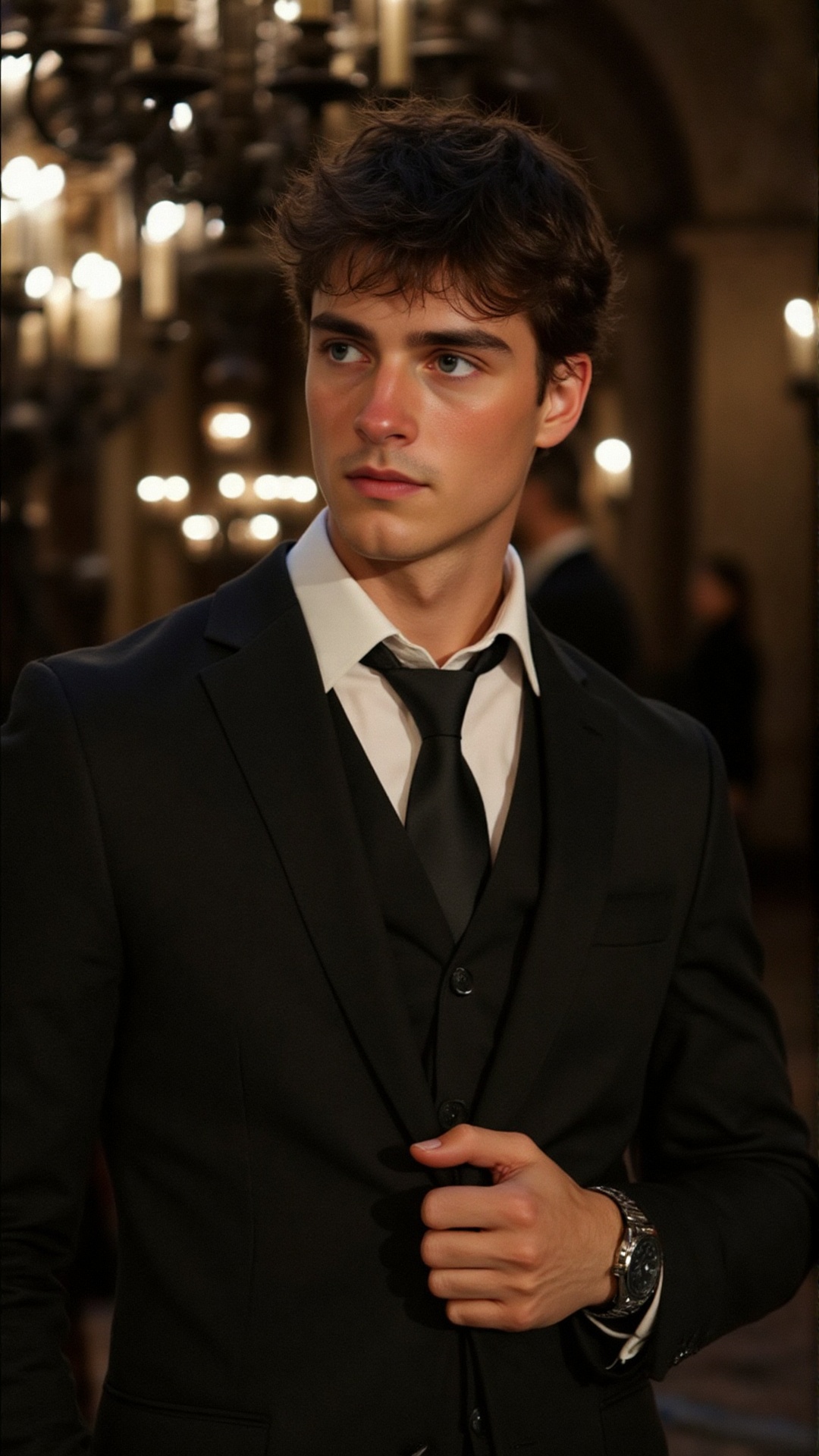 A young man with chiseled facial features,  striking blue eyes,  and tousled dark brown hair on Tensor.Art