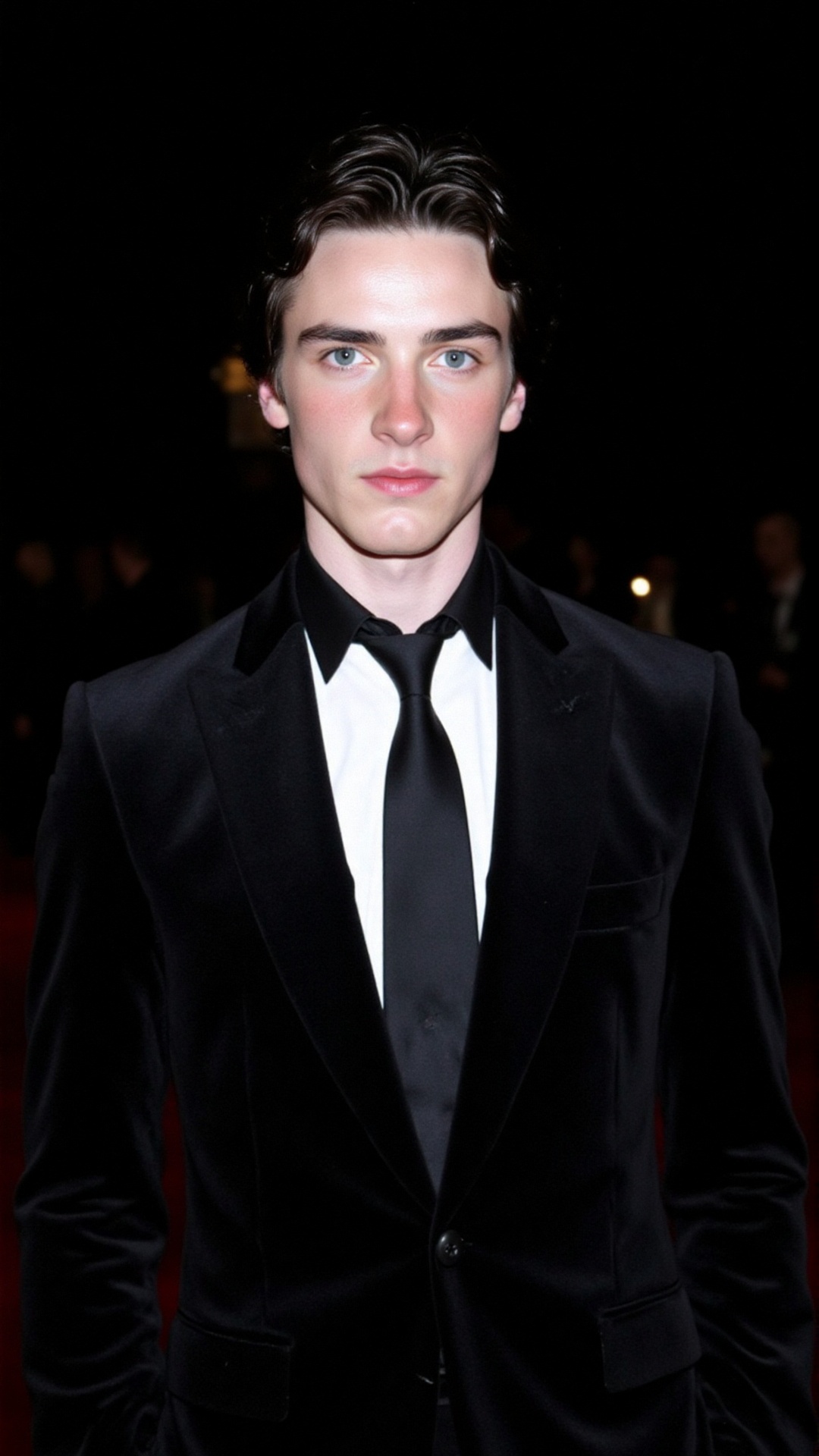 a 2000s paparazzi photo of a 18 years old handsome young man,  he is wearing a black velvet tuxedo by Gucci by Tom Ford. H...