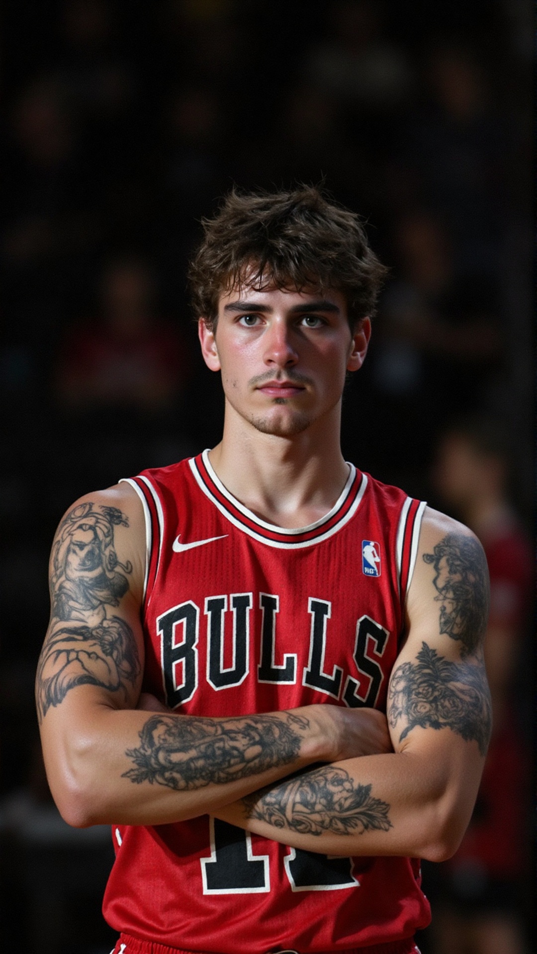 A stunning shot of a 20-year-old Caucasian basketball player,  drenched in sweat,  wearing a red Chicago Bulls NBA jersey...