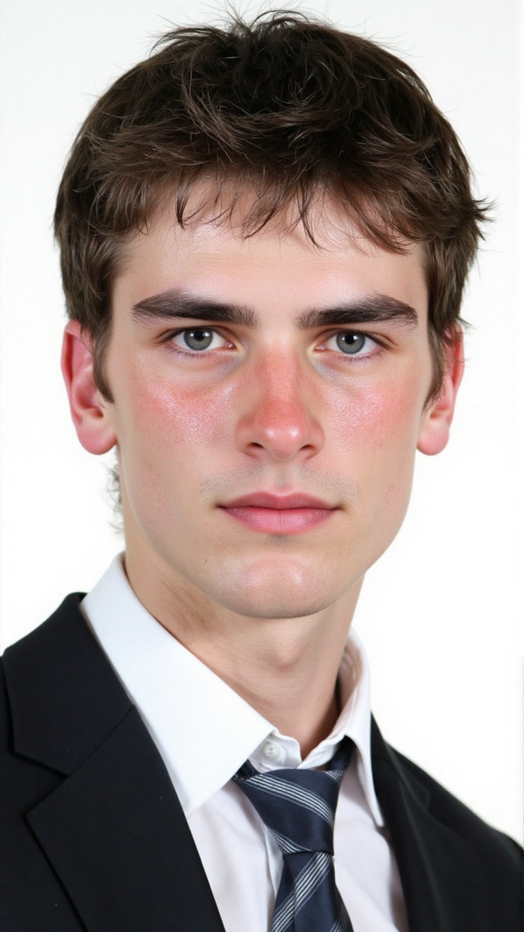 an ID photo of a handsome young man dressed in formal business attire. He has short dark hair,  thick eyebrows,  blushed c...