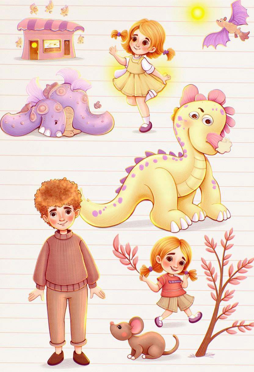 In a whimsical,  dreamlike world,  a young boy with curly brown hair and a relaxed stance stands at the center of the scen...