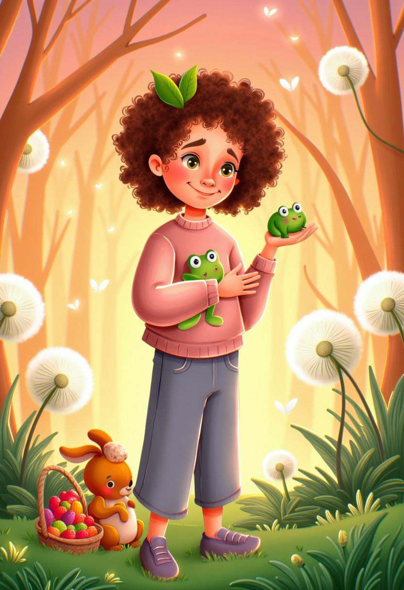 This vibrant digital illustration captures a young boy with curly brown hair and a relaxed,  cheerful stance,  his round e...