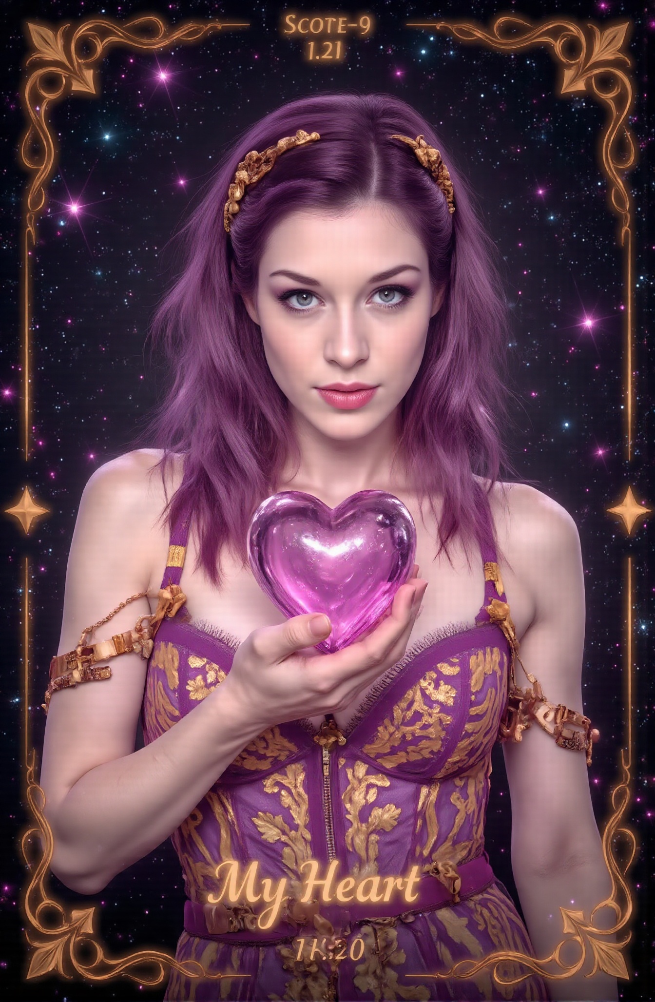 Score_9 is a tarot card that tells the story of a woman wearing a sexy,  beautiful,  fashionable dress in the starry sky o...