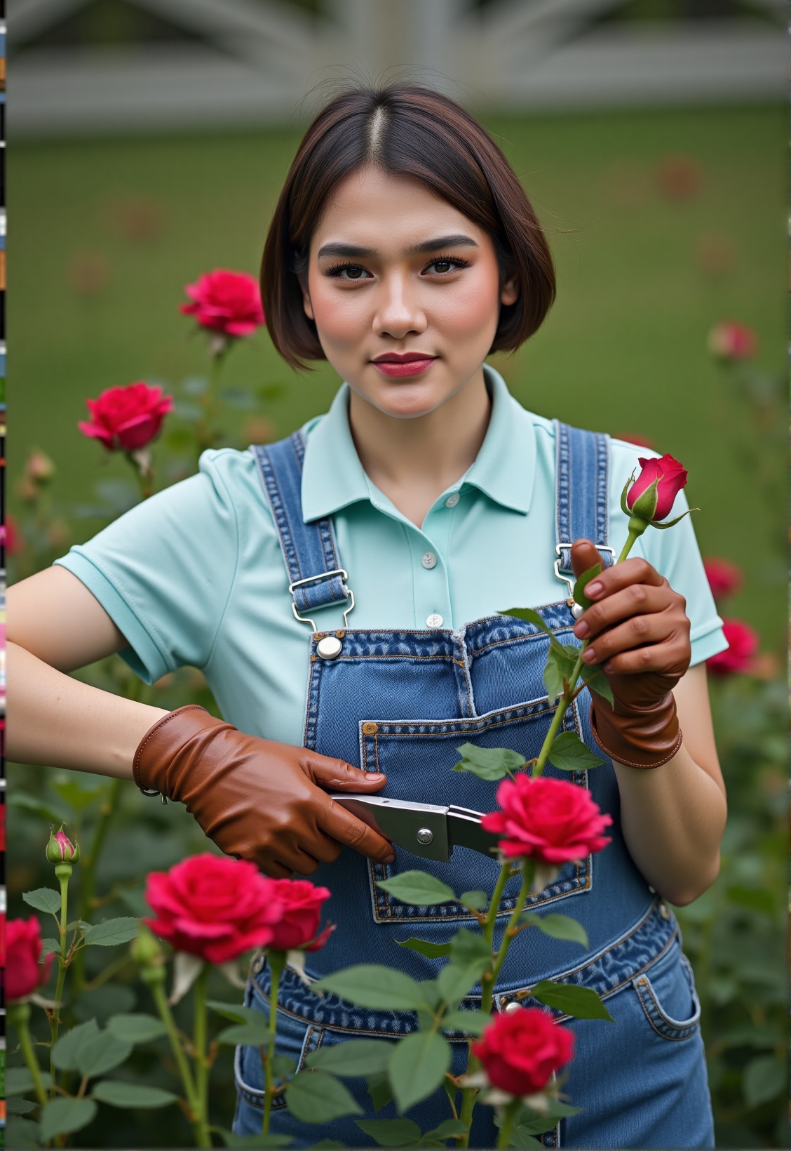 Create a photorealistic image of woman in her forties,  from mid torso up. She is in a garden full of roses,  and greens....