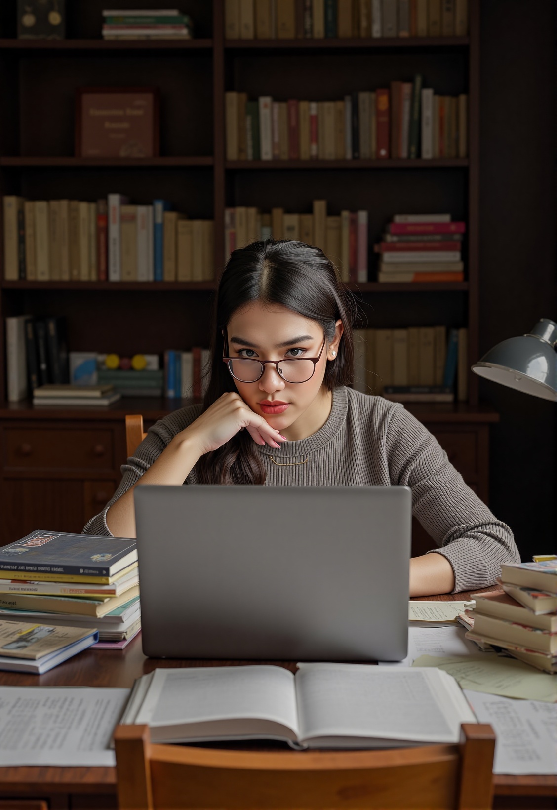 Generate a photorealistic image of a woman,  upper body,  working at her desk as a writer. She's in her late thirties on T...