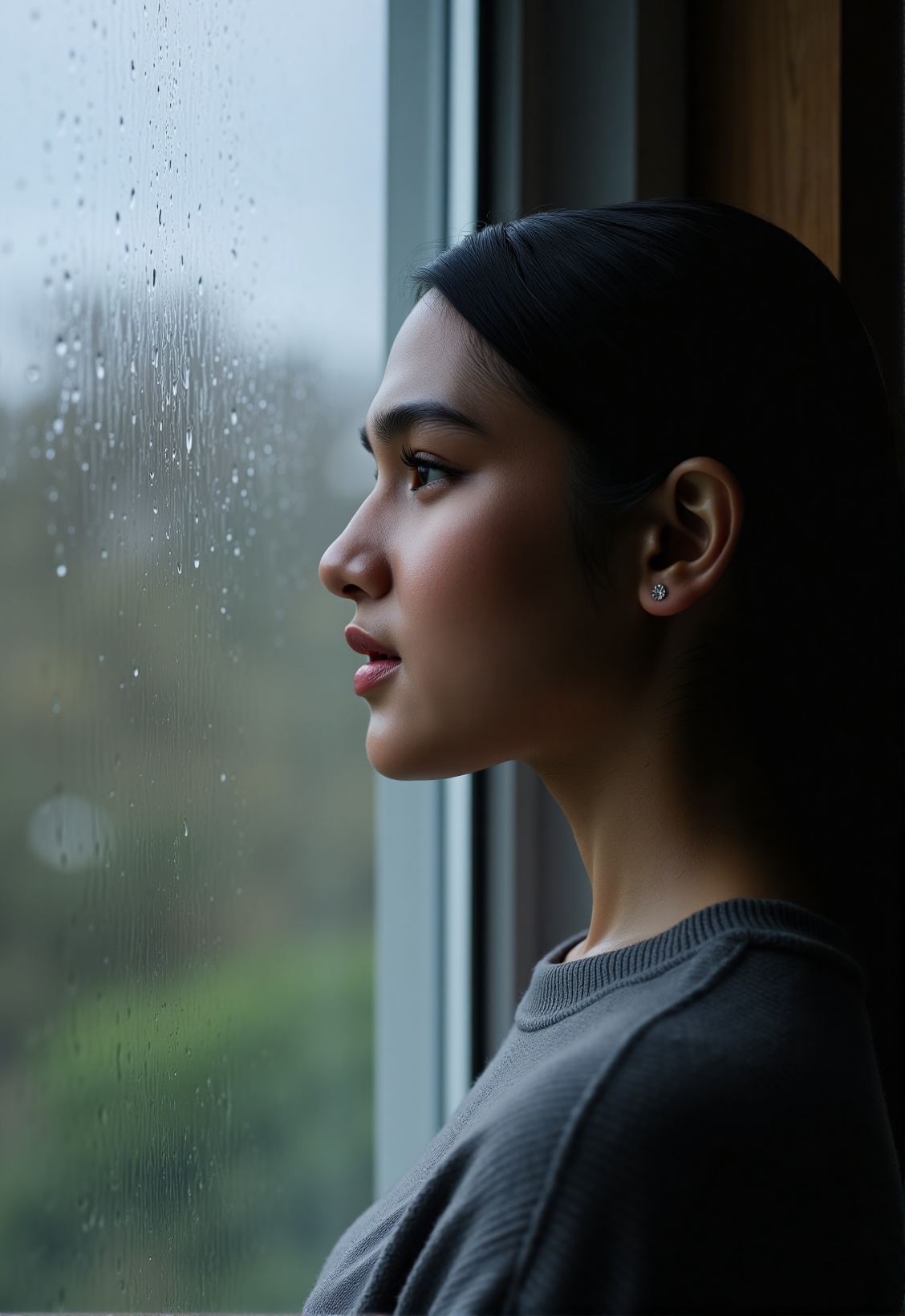 Create a photorealistic image,  upper body,  of a woman looking out a rain-streaked window. She's indoors on Tensor.Art