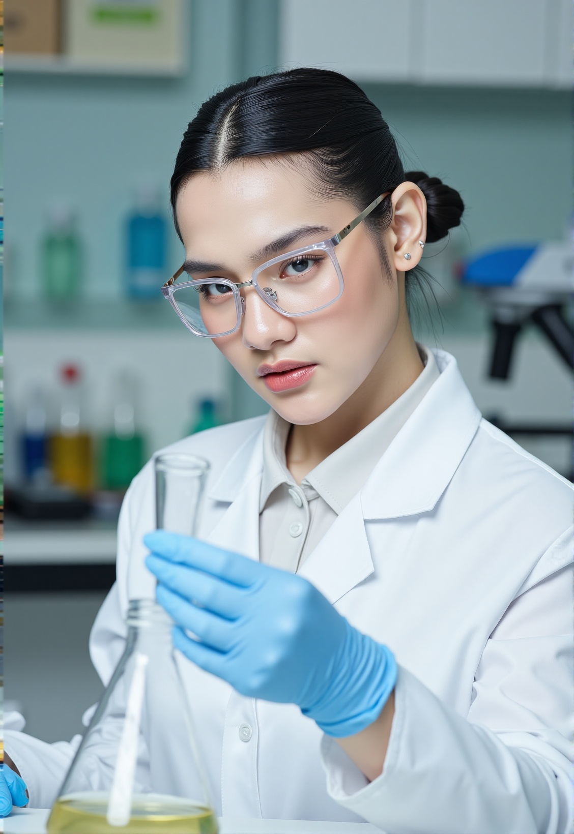Generate a photorealistic image of a woman,  upper body,  working in a science laboratory. She is in her early thirties on...