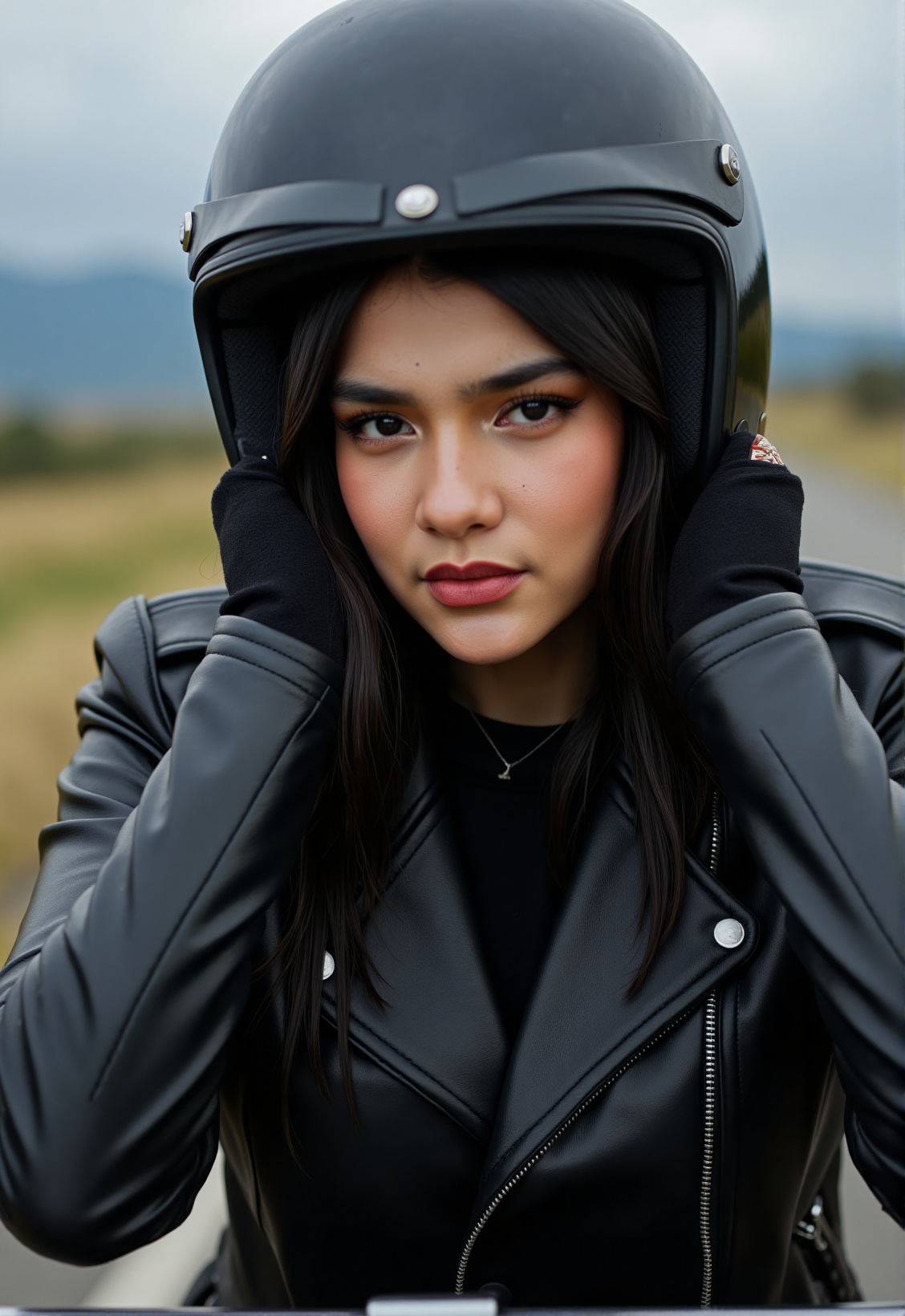 Generate a photorealistic image of a woman's upper body,  mid-twenties,  dressed as a motorcycle rider. She's wearing a bl...
