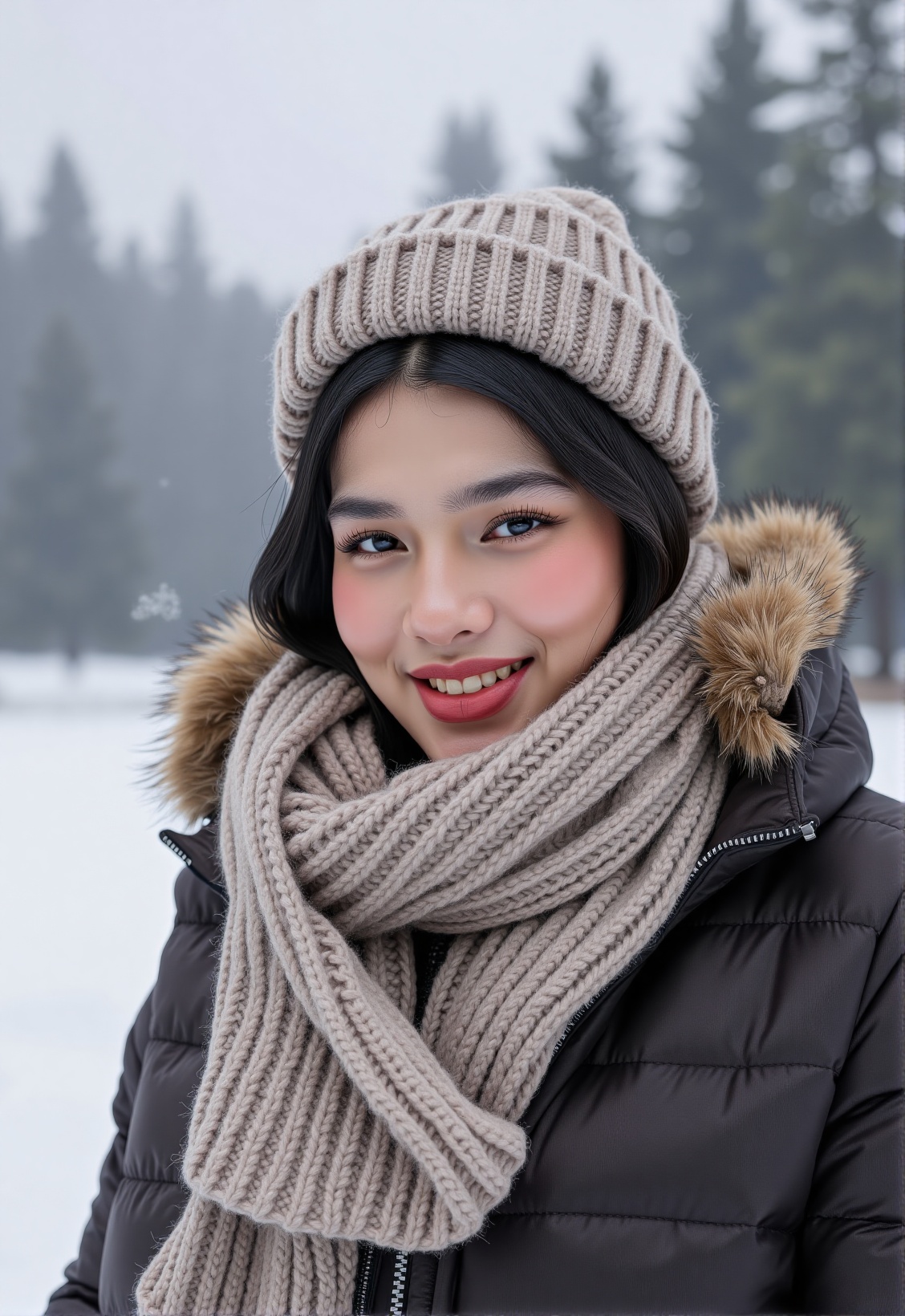 Generate a photorealistic image of a woman in her late twenties,  upper body visible,  bundled up for winter. She is weari...