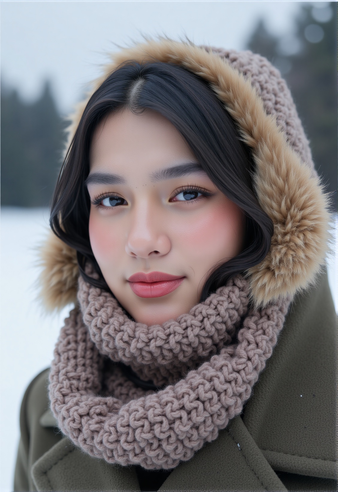 Generate a photorealistic image of a woman in her late twenties,  upper body visible,  bundled up for winter. She is weari...