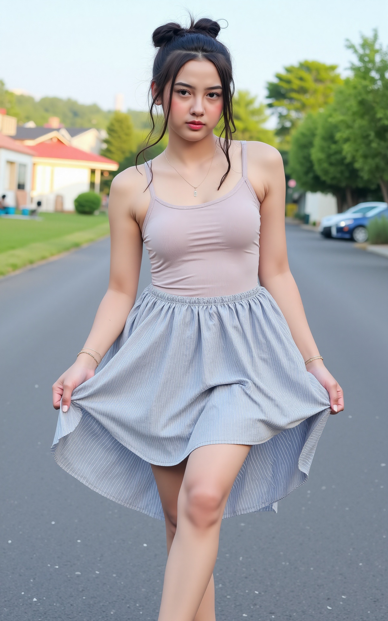 Highly detailed portrait of an young woman standing on a paved road,  holding up the hem of her skirt to reveal her lower...
