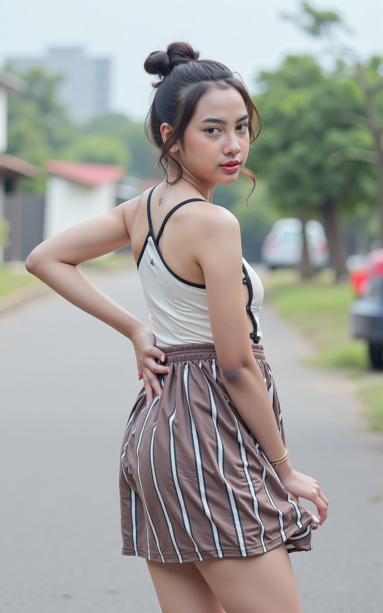 Highly detailed portrait of an young woman standing on a paved road,  holding up the hem of her skirt to reveal her lower...