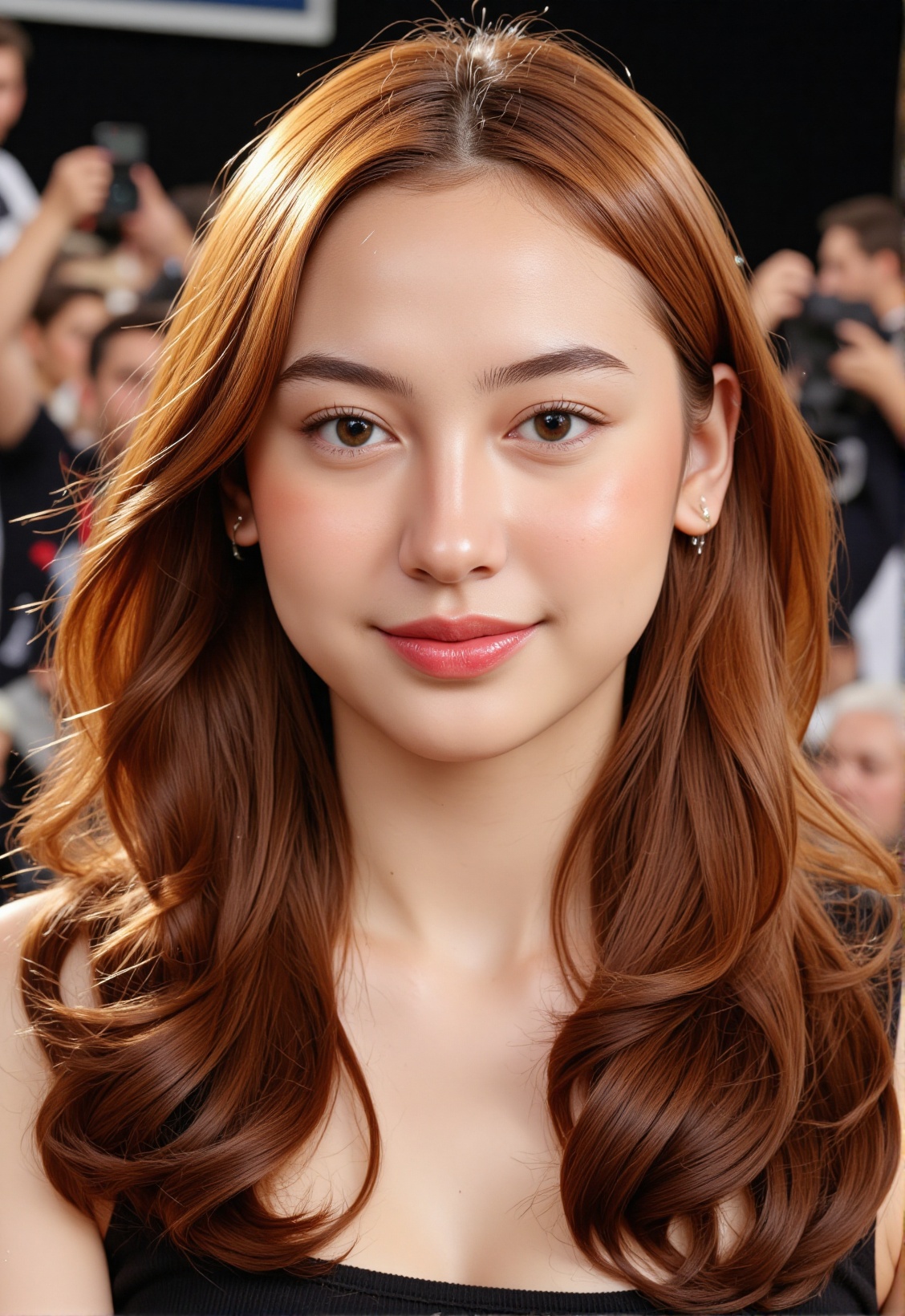 A stunning portrait of a 20-year-old woman with flowing auburn-red hair cascading past her shoulders in soft,  natural wav...