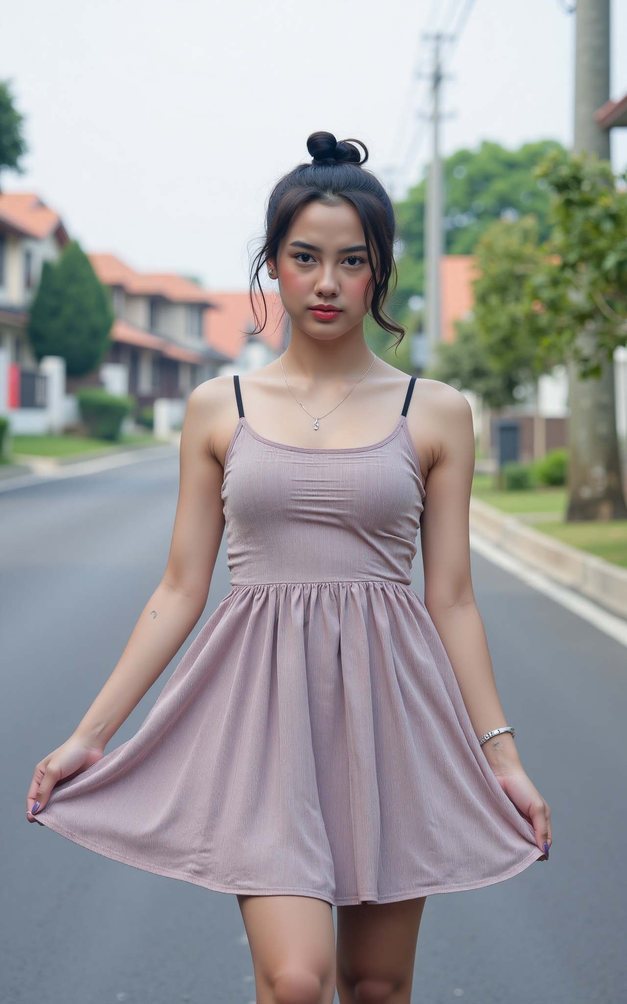 Highly detailed portrait of an young woman standing on a paved road,  holding up the hem of her skirt to reveal her lower...