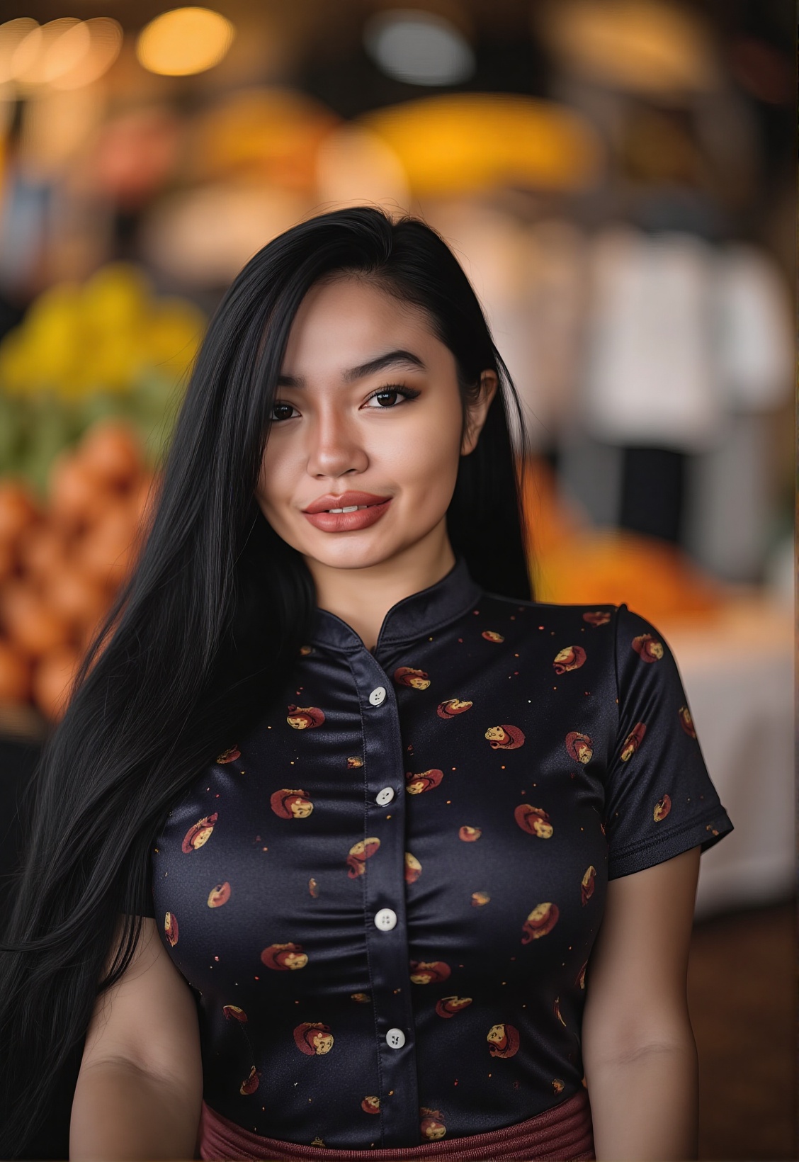A captivating portrait of a young Indonesian woman in her late 20s,  upper body shot composition. She wears a modern batik...