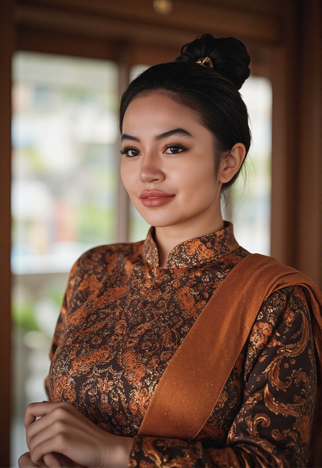Ultra-realistic portrait of a Indonesian woman in traditional setting,  upper body shot,  sharp focus on Tensor.Art
