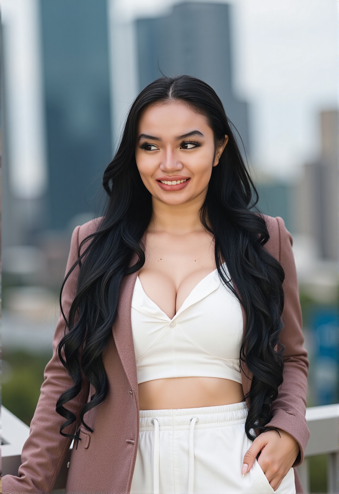 A stunning young Indonesian woman in her mid-20s,  captured in a modern urban Jakarta setting. Upper body portrait shot wi...