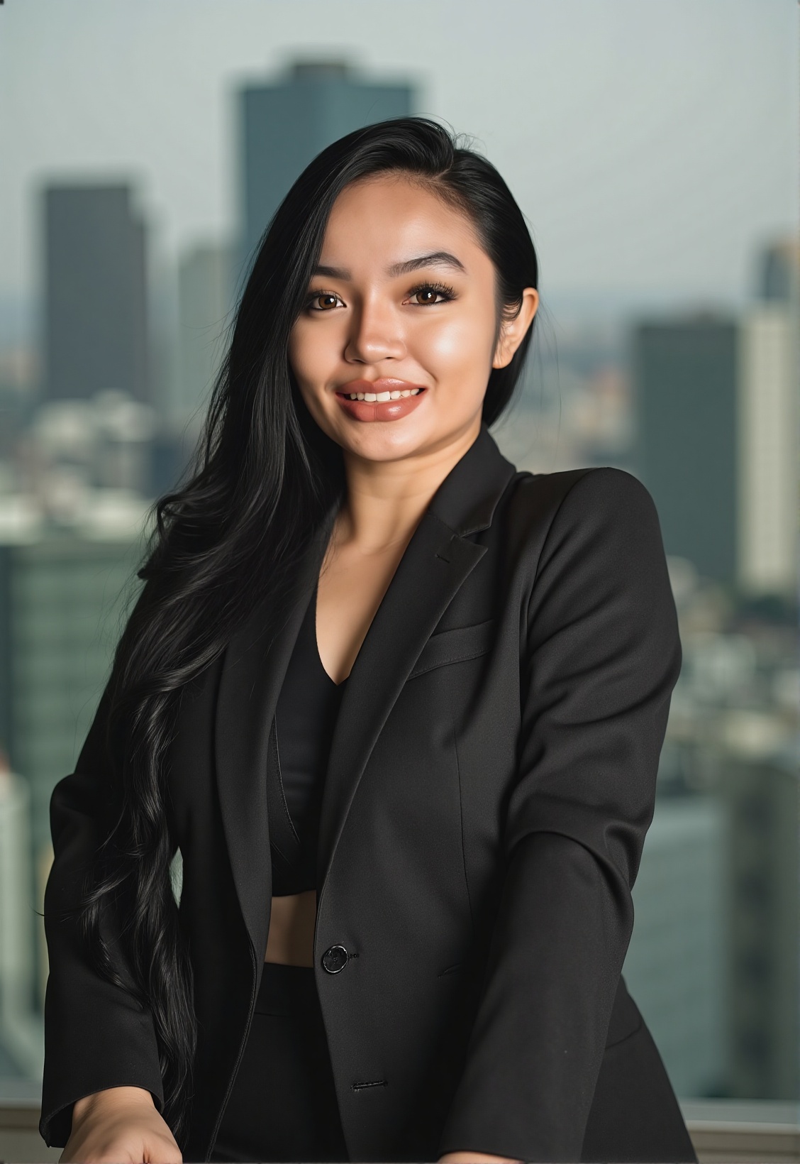 A sophisticated,  confident Indonesian woman in her late 20s or early 30s,  wearing contemporary urban professional attire...