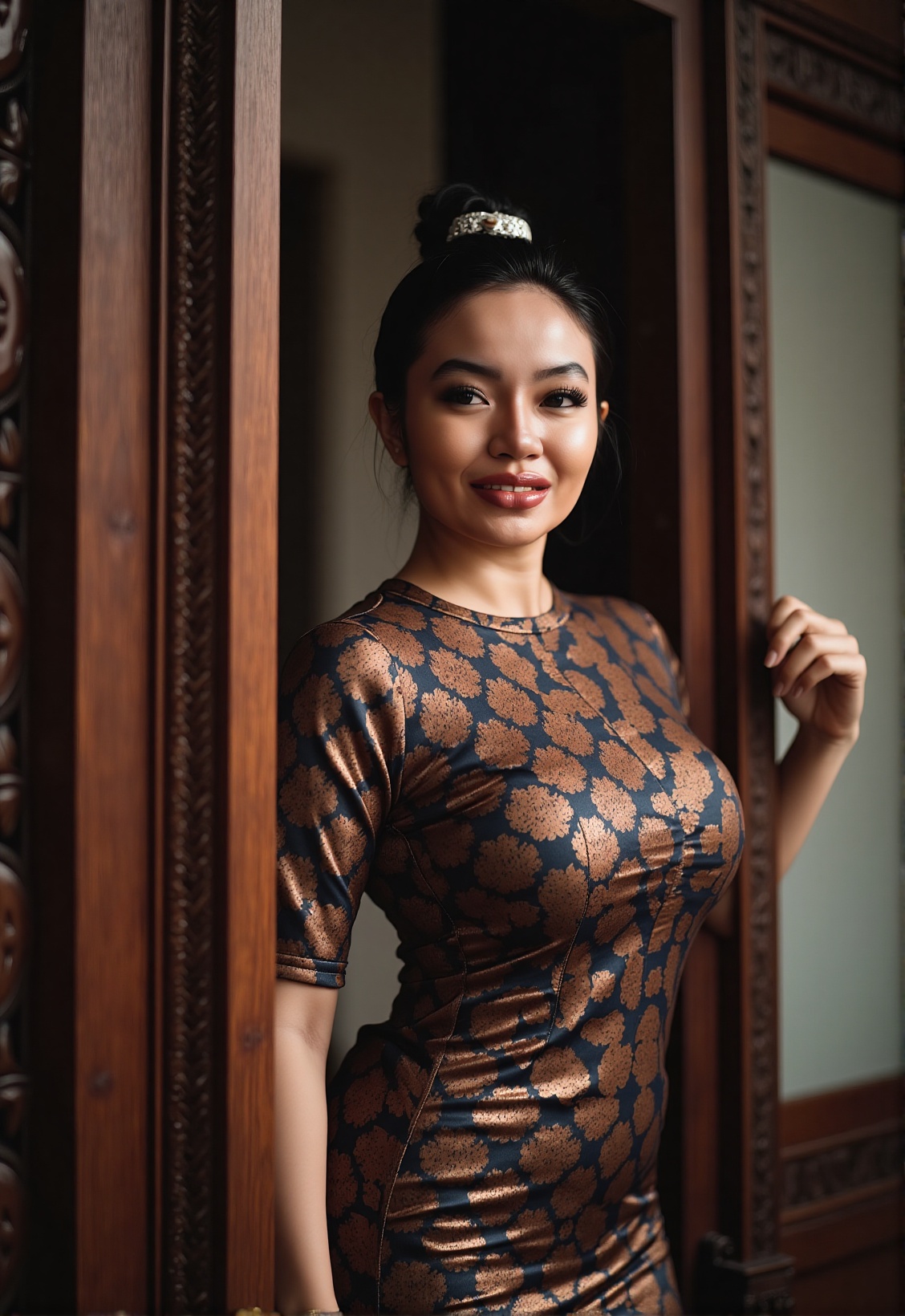 Photorealistic portrait of a traditional Javanese woman in her mid-30s,  wearing an elegant batik kebaya in rich earth ton...
