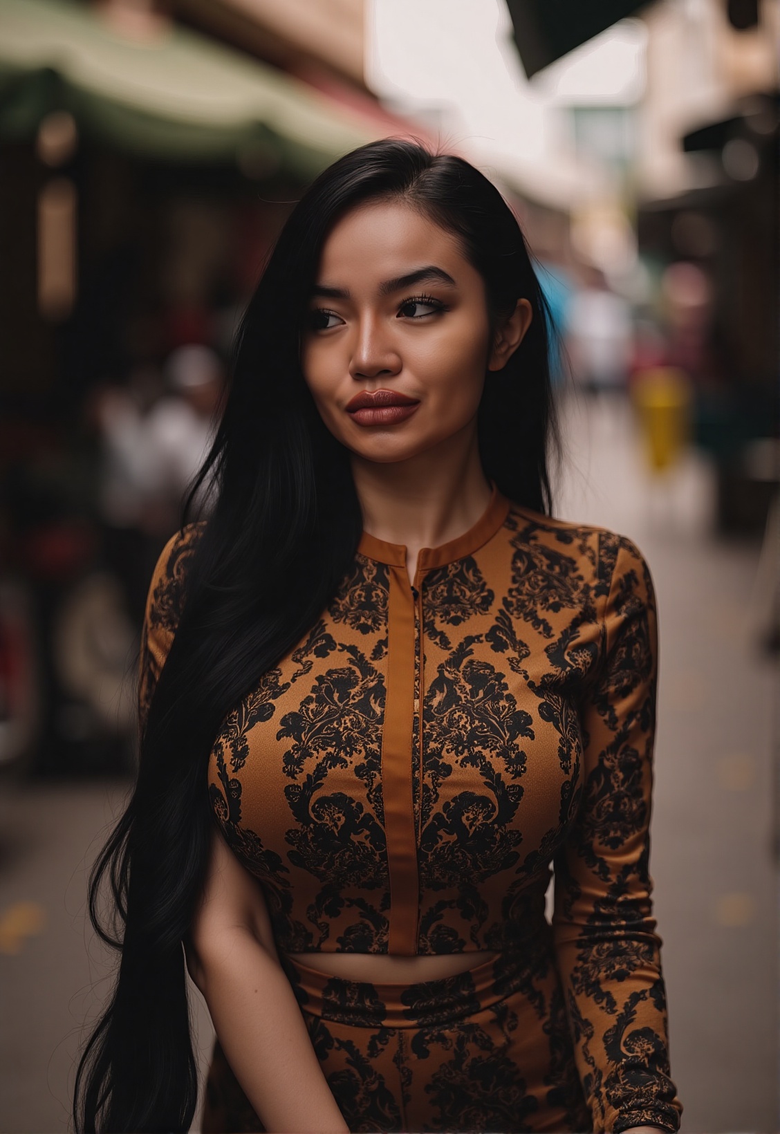 A stunning portrait of an Indonesian woman in her late 20s,  upper body shot,  wearing a modern batik blouse in earth tone...