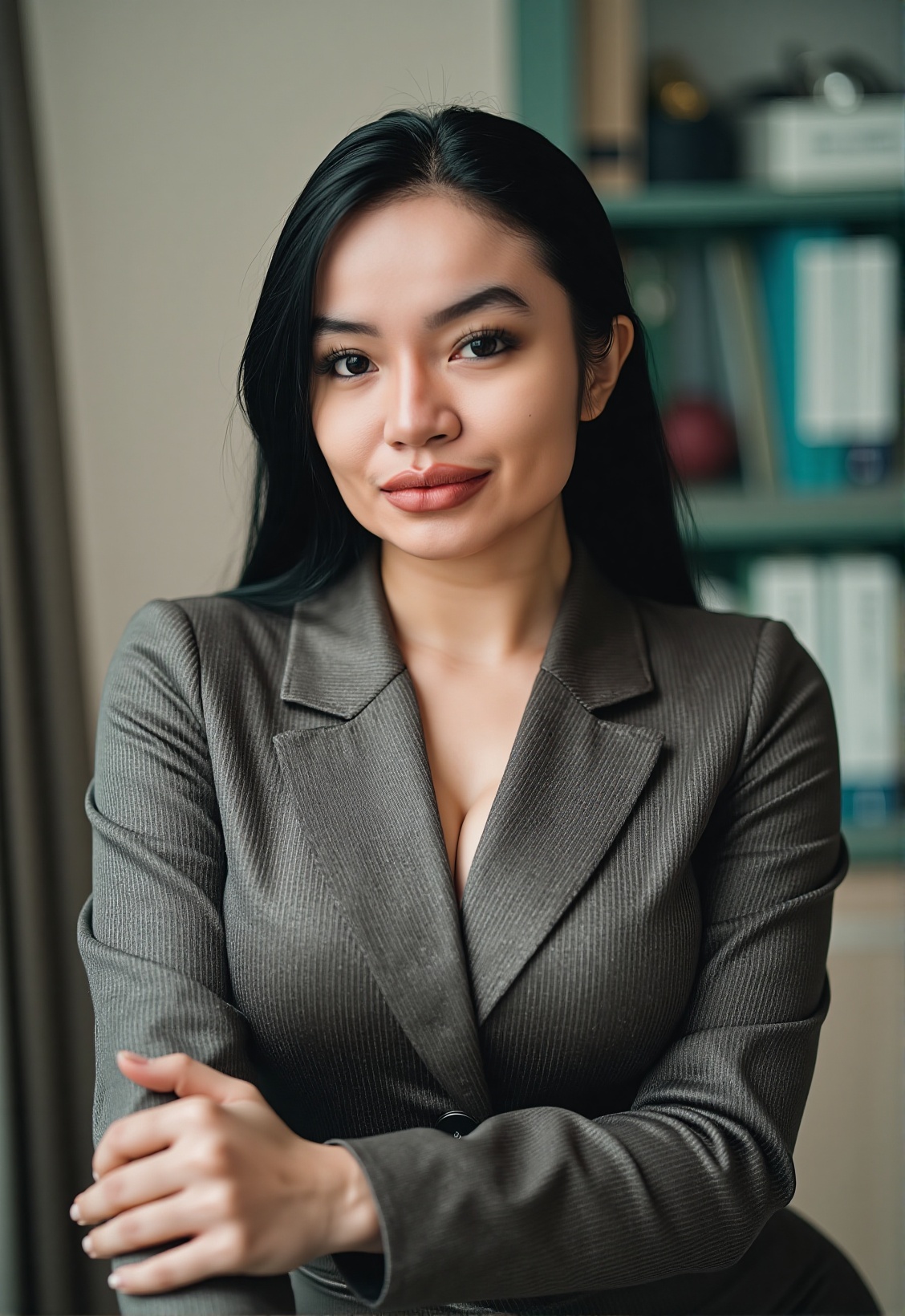 A sophisticated,  confident Indonesian woman in her late 20s or early 30s,  wearing contemporary urban professional attire...
