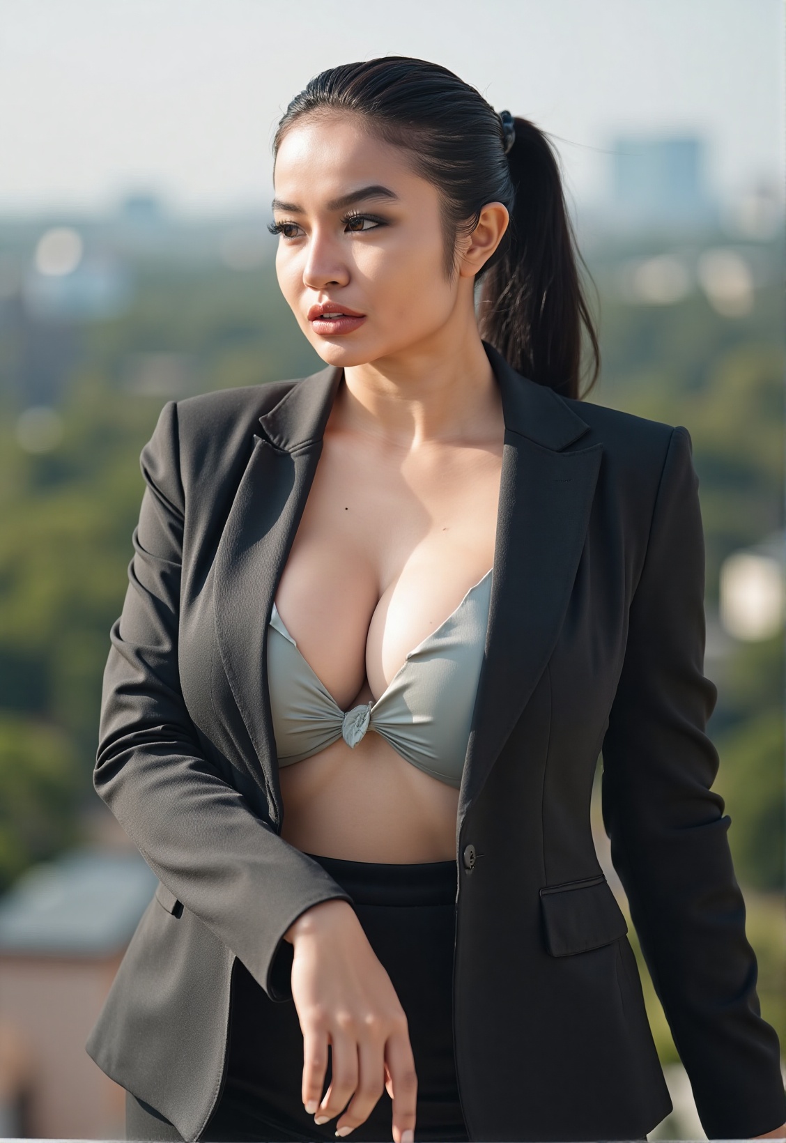 A sophisticated,  confident Indonesian woman in her late 20s or early 30s,  wearing contemporary urban professional attire...