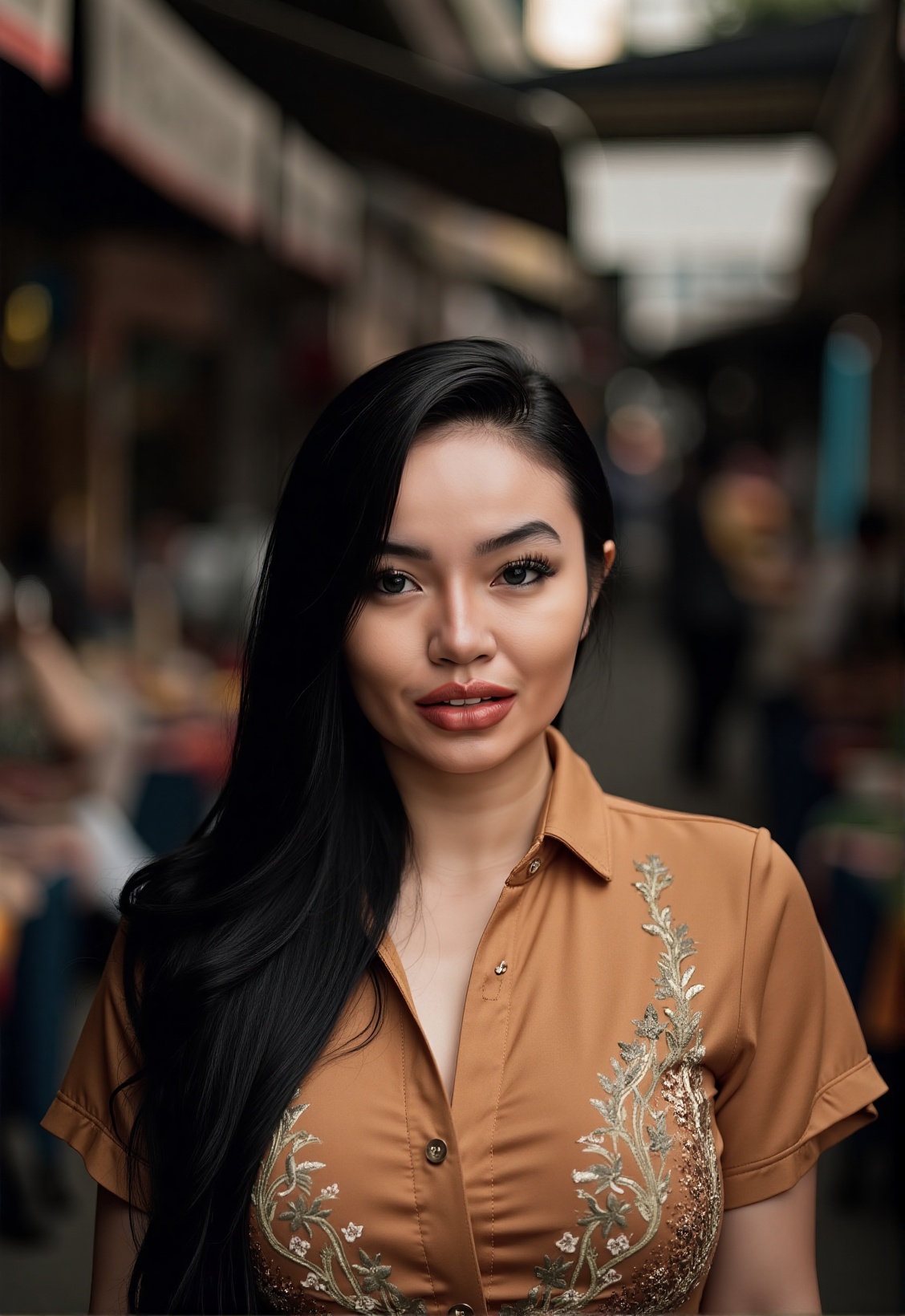 A stunning portrait of an Indonesian woman in her late 20s,  upper body shot,  wearing a modern batik blouse in earth tone...