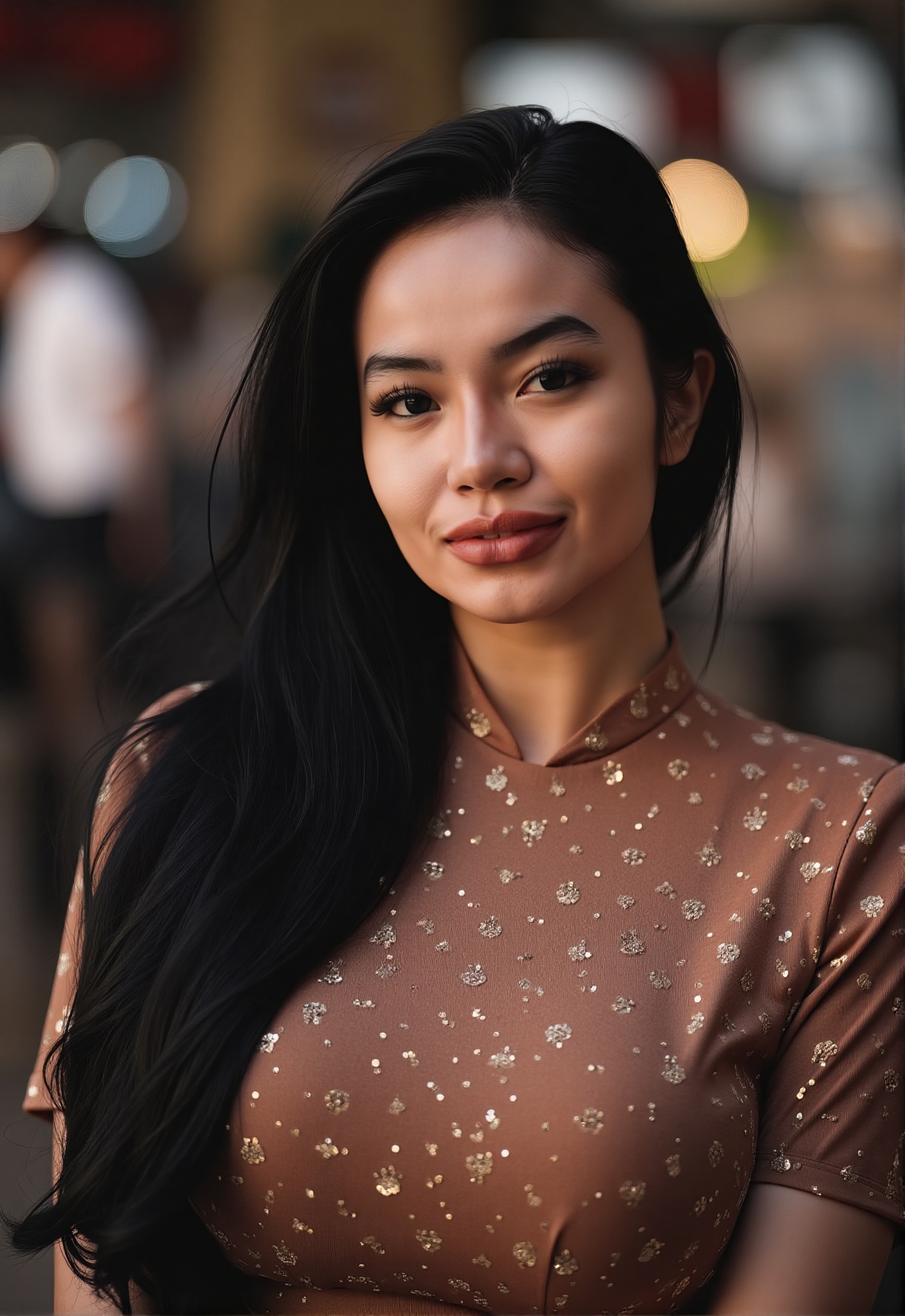 A stunning portrait of an Indonesian woman in her late 20s,  upper body shot,  wearing a modern batik blouse in earth tone...