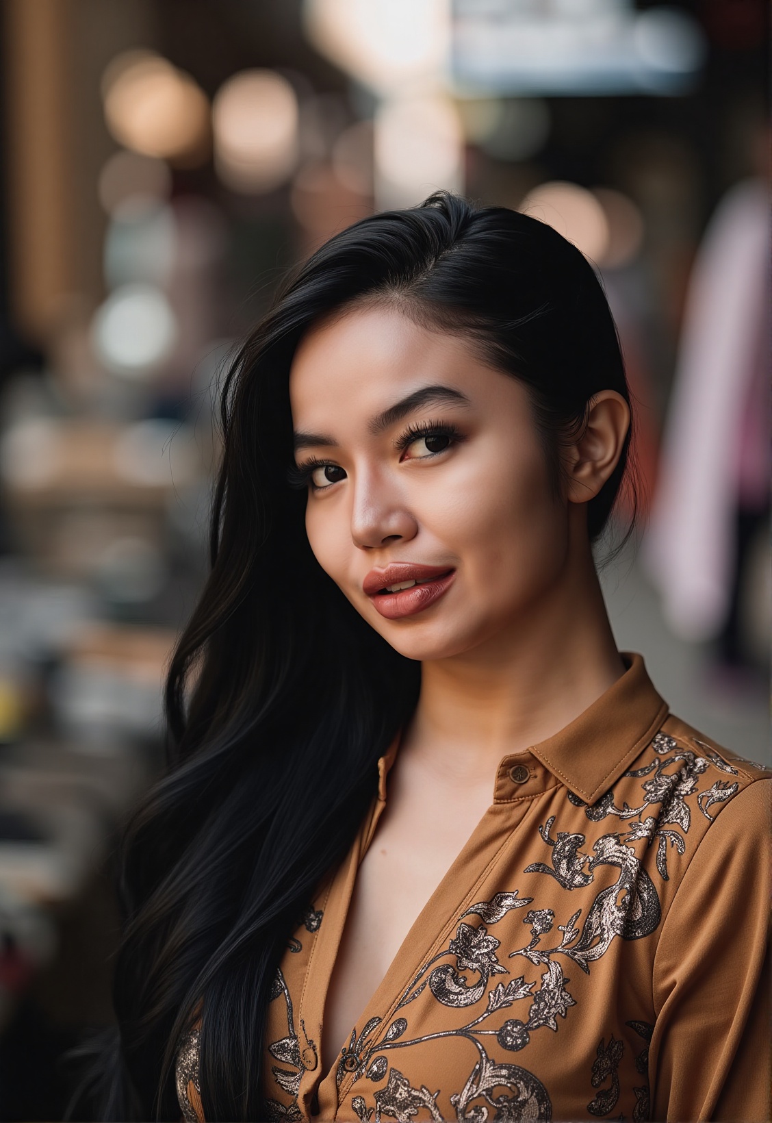 A stunning portrait of an Indonesian woman in her late 20s,  upper body shot,  wearing a modern batik blouse in earth tone...