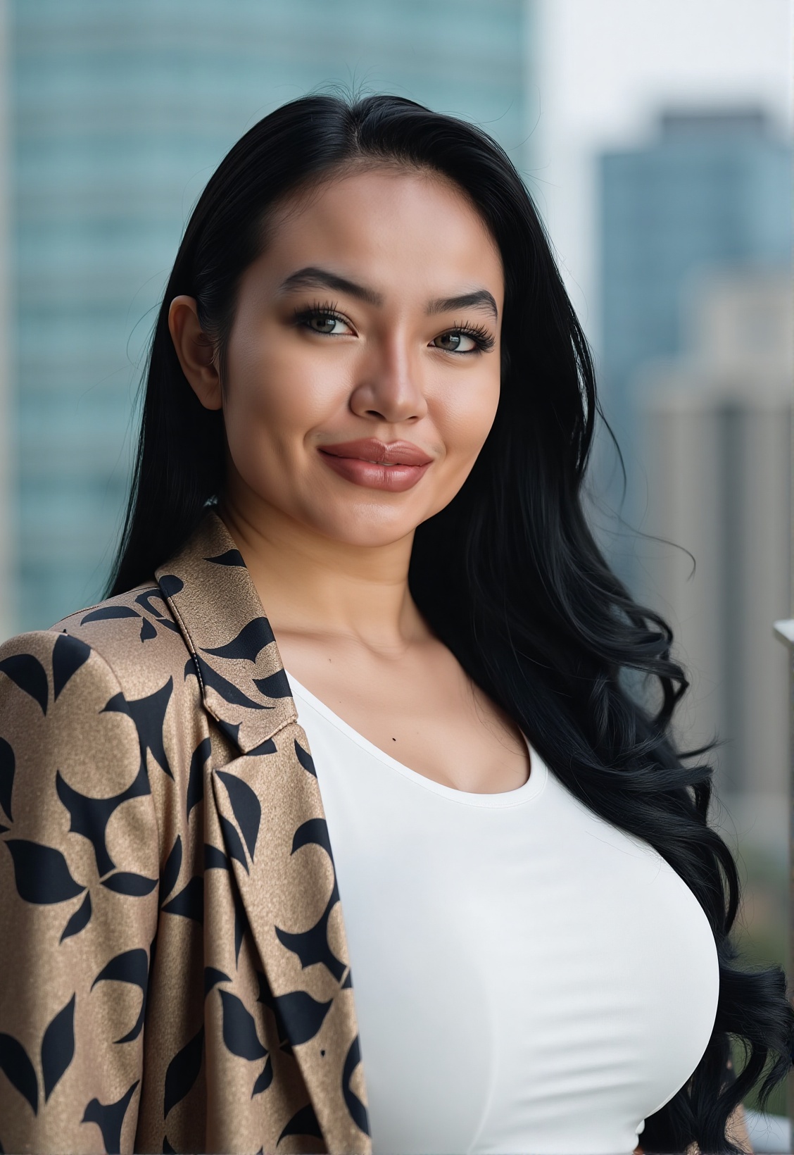 A stunning young Indonesian woman in her mid-20s,  captured in a modern urban Jakarta setting. Upper body portrait shot wi...