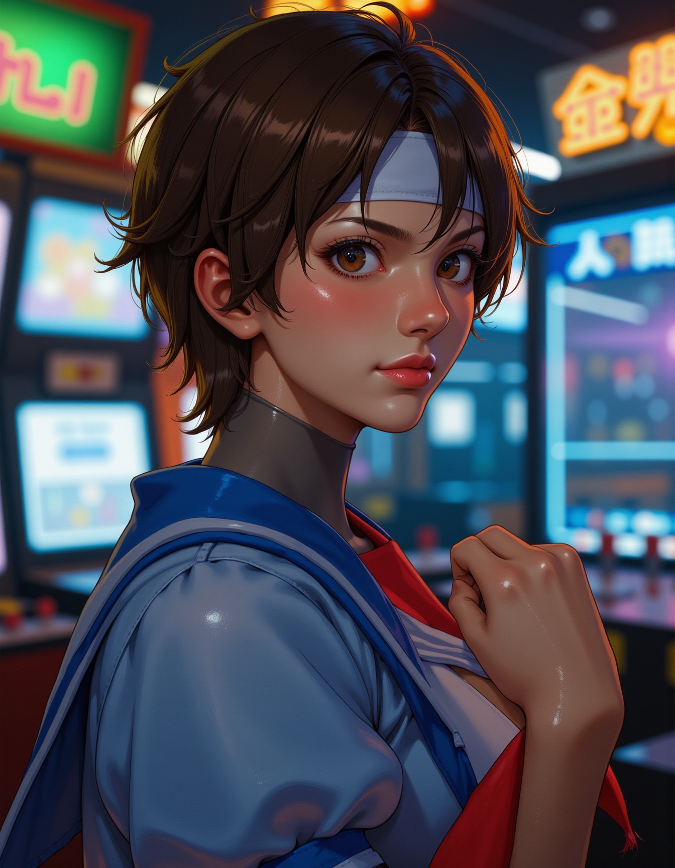 A photo of SF-Sakura A 25 year old woman with lightly tousled brown hair that frames her face with a carefree yet energeti...