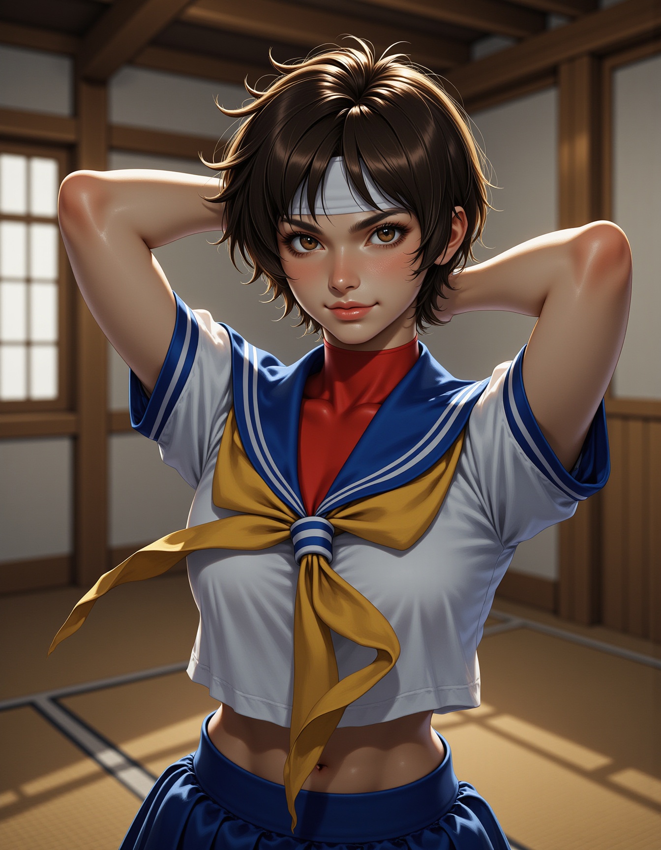 A photo of SF-Sakura A 25 year old woman with lightly tousled brown hair that frames her face with a carefree yet energeti...
