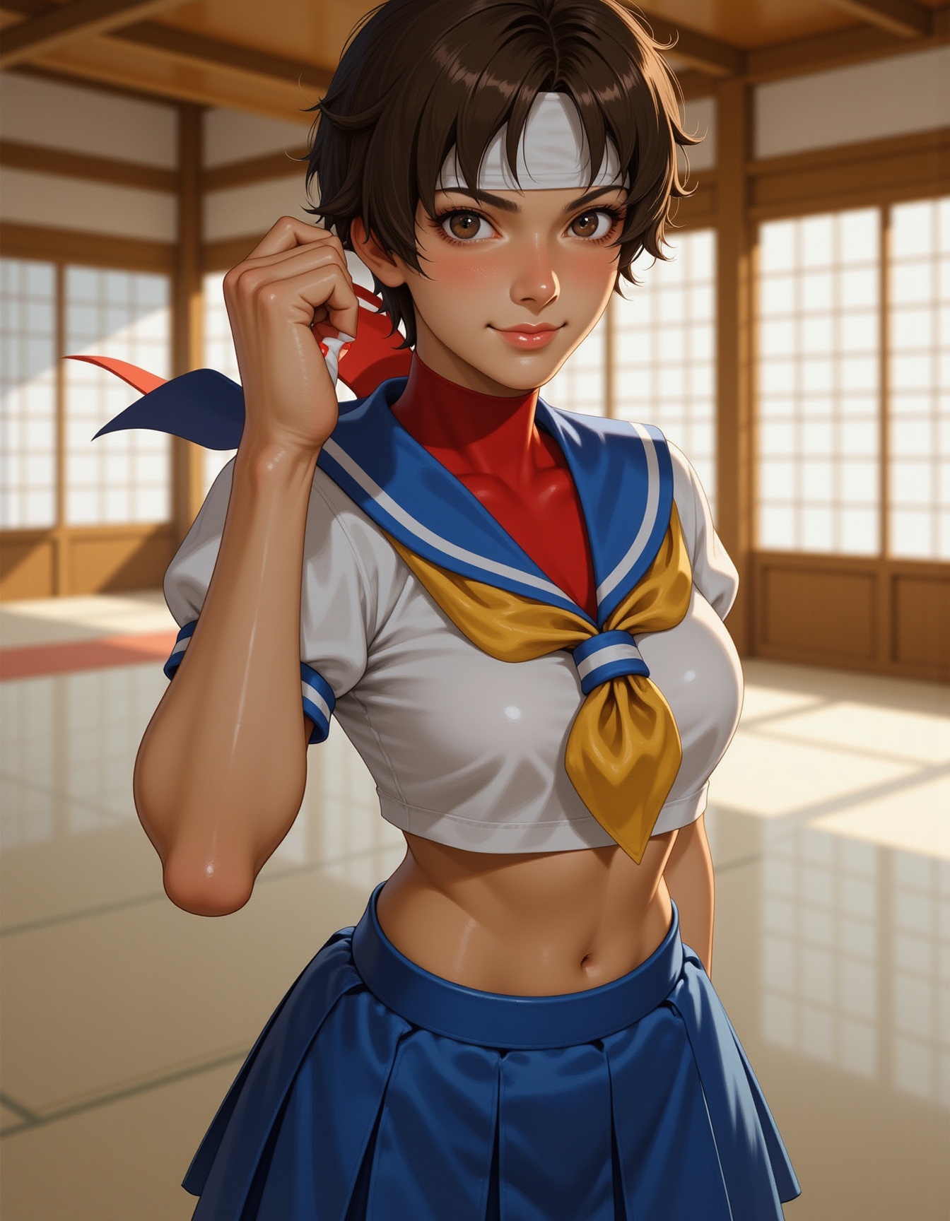 A photo of SF-Sakura A 25 year old woman with lightly tousled brown hair that frames her face with a carefree yet energeti...