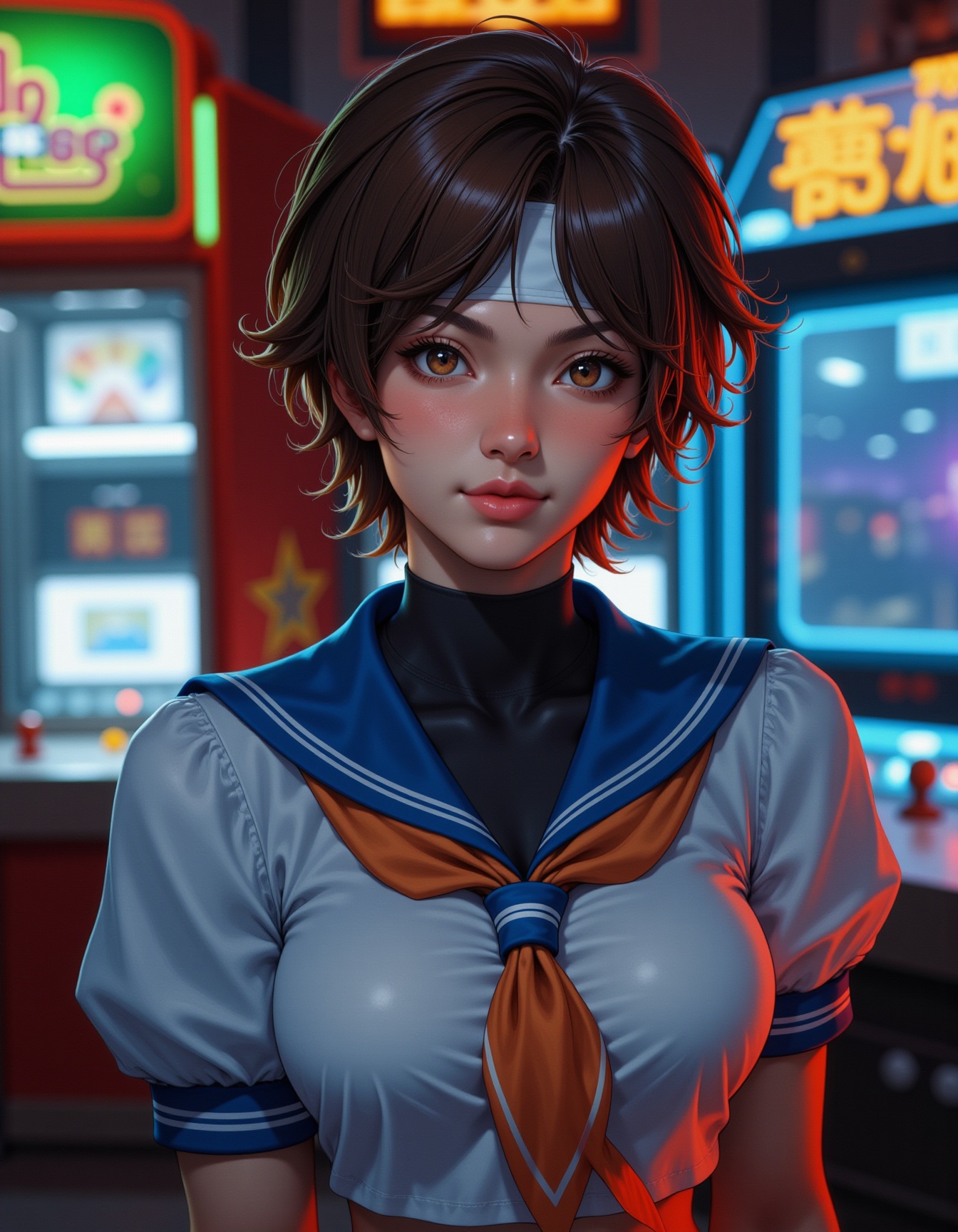 A photo of SF-Sakura A 25 year old woman with lightly tousled brown hair that frames her face with a carefree yet energeti...