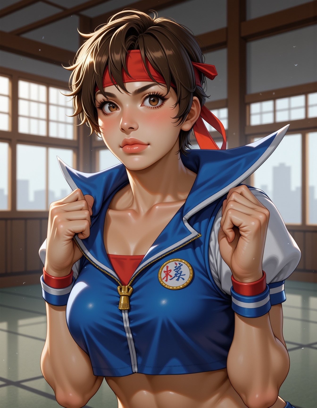 A photo of SF-Sakura A 25 year old woman with lightly tousled brown hair that frames her face with a carefree yet energeti...