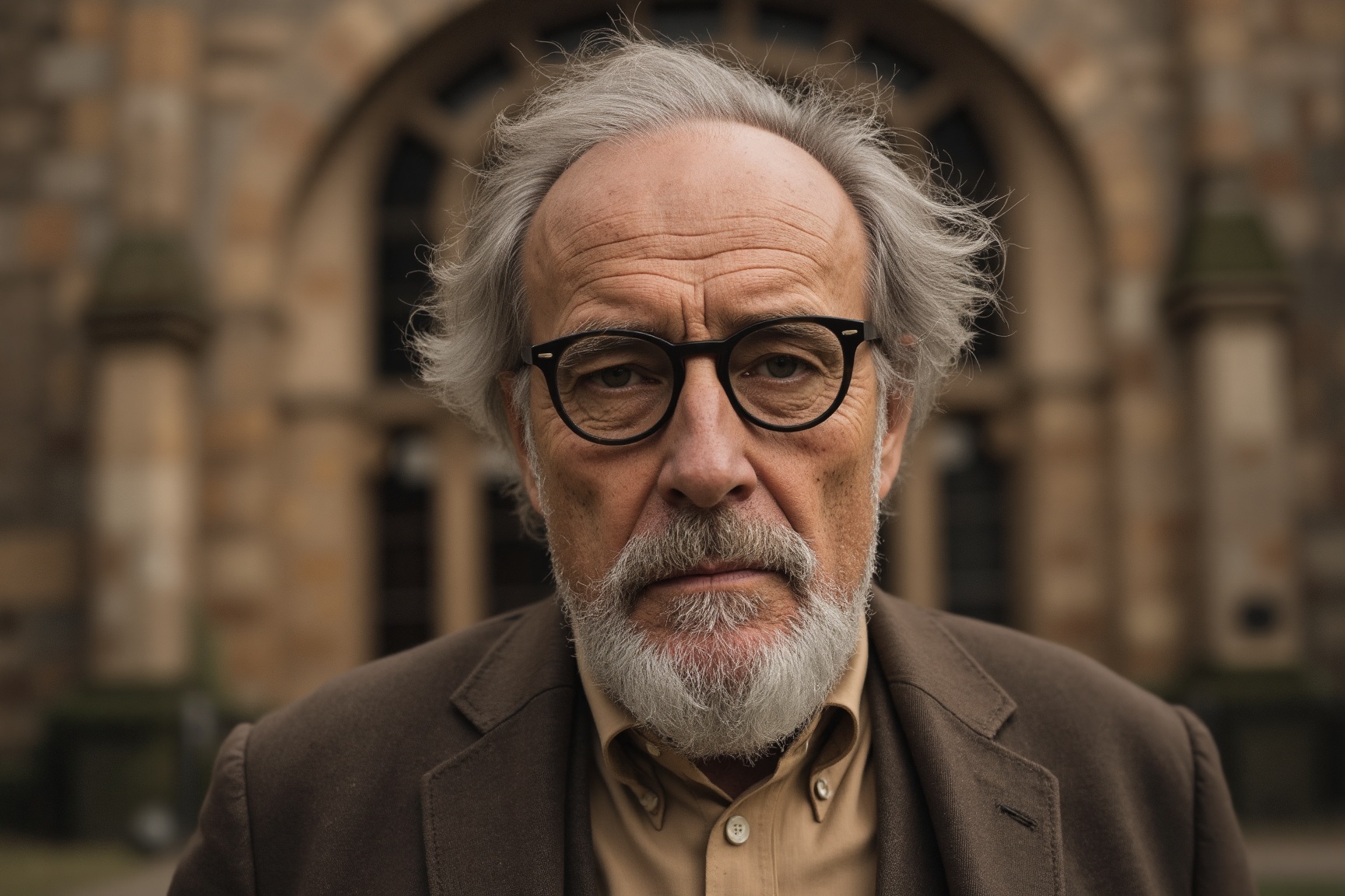 Hyper-realistic portrait of an elderly man with a contemplative expression,  deep wrinkles,  and slightly sunken eyes. He...