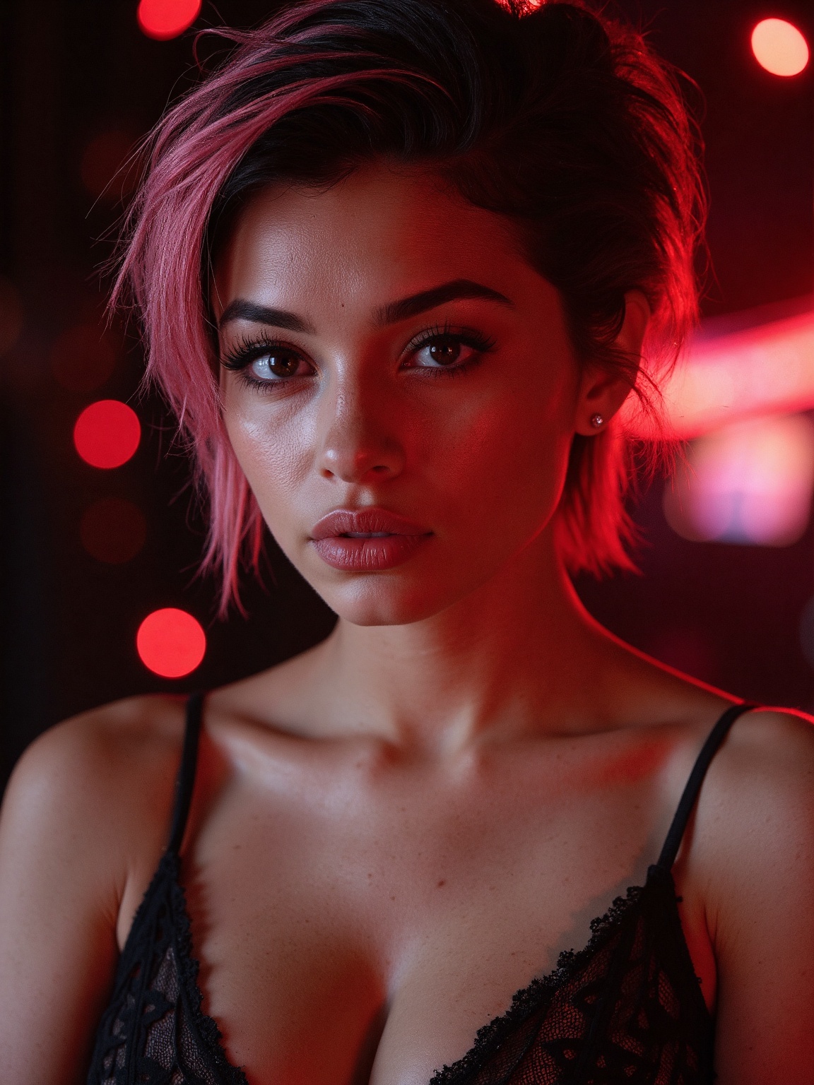 Hyper-realistic portrait of a striking young woman with intense,  dark eyes and a confident,  piercing gaze. She has short...