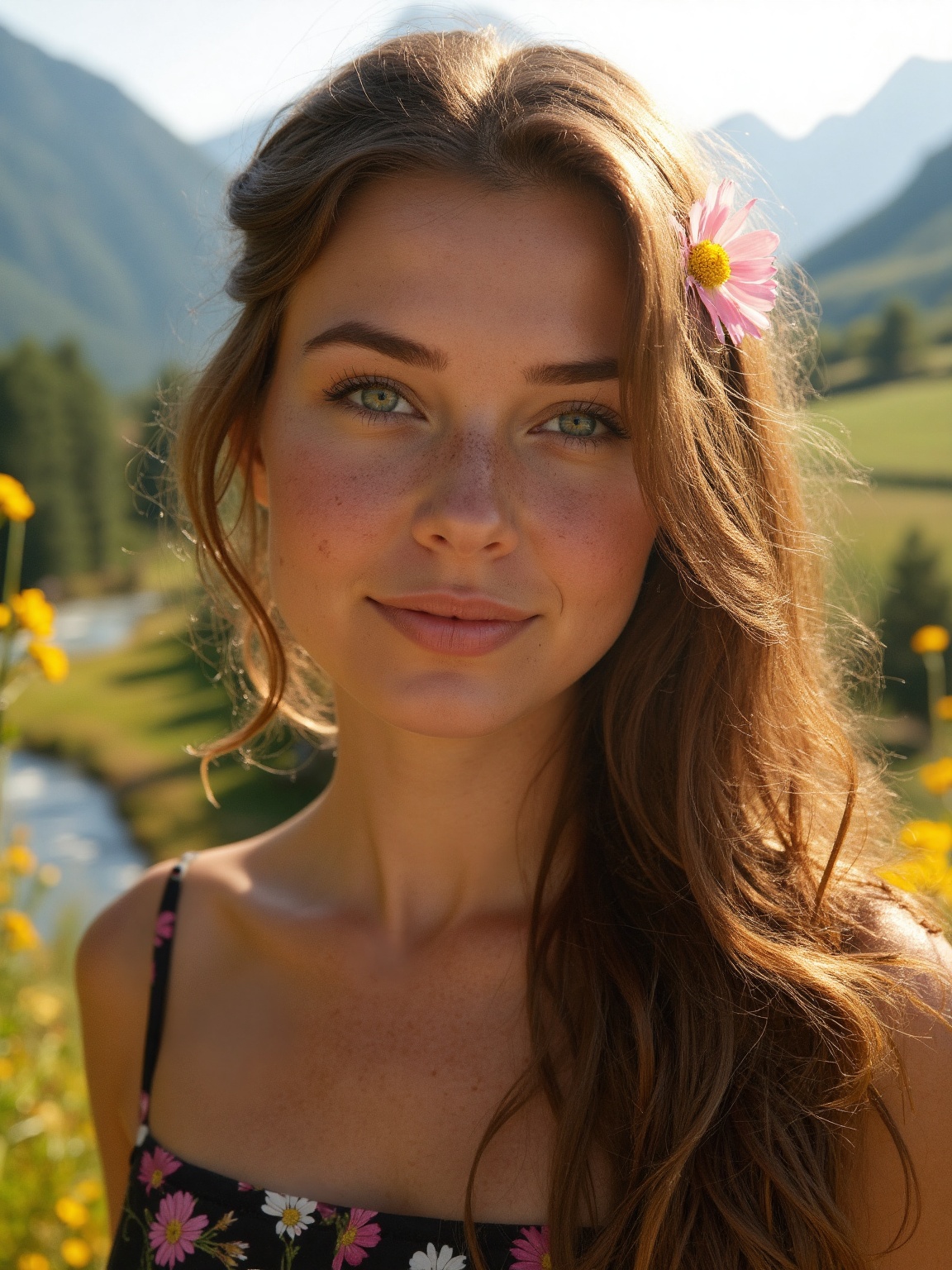 Ultra-realistic portrait of a young woman with soft,  sun-kissed skin and natural freckles,  gazing gently at the viewer....