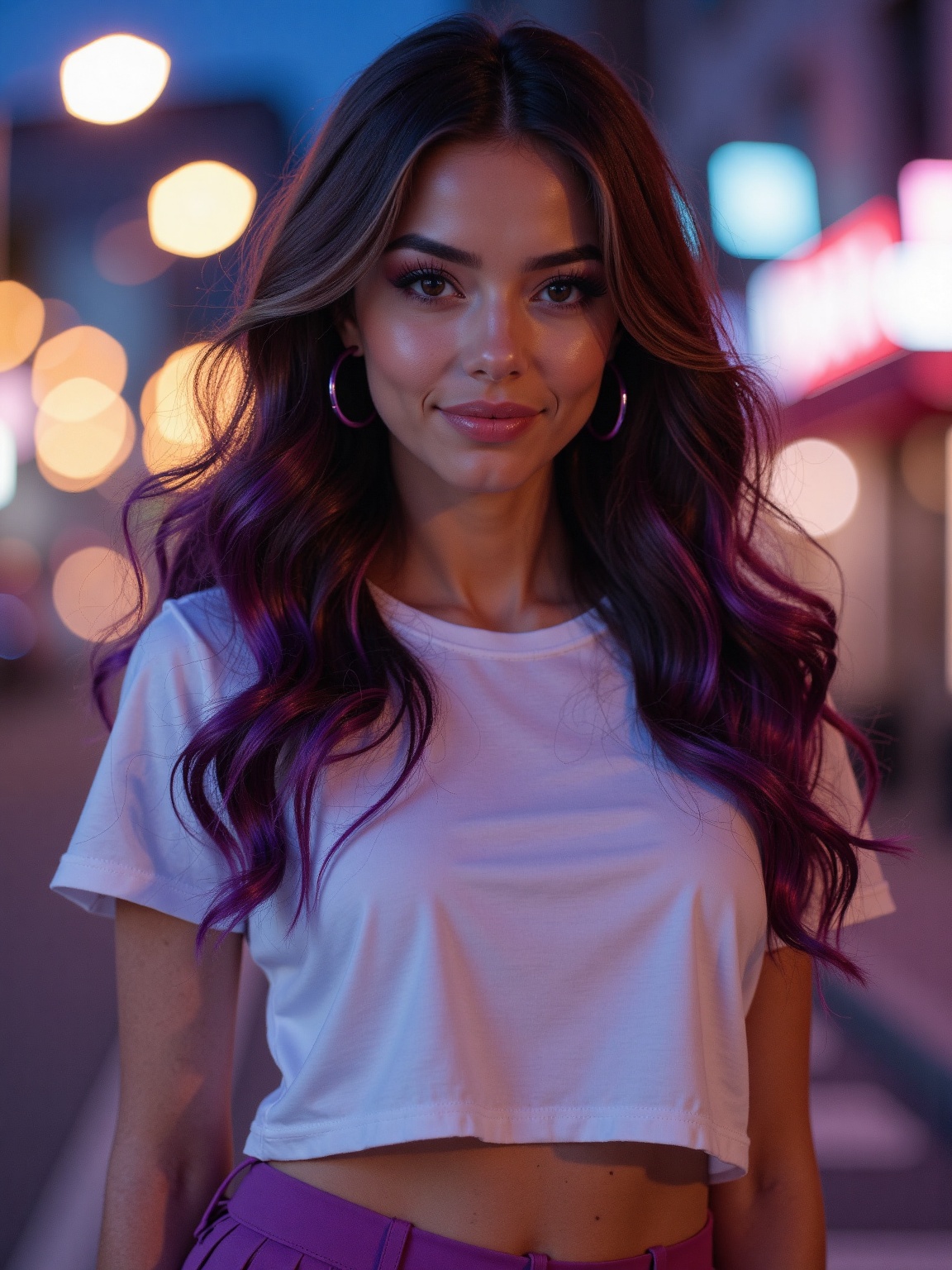 Hyper-realistic portrait of a young woman with long,  wavy dark brown hair featuring vibrant purple highlights. She has de...