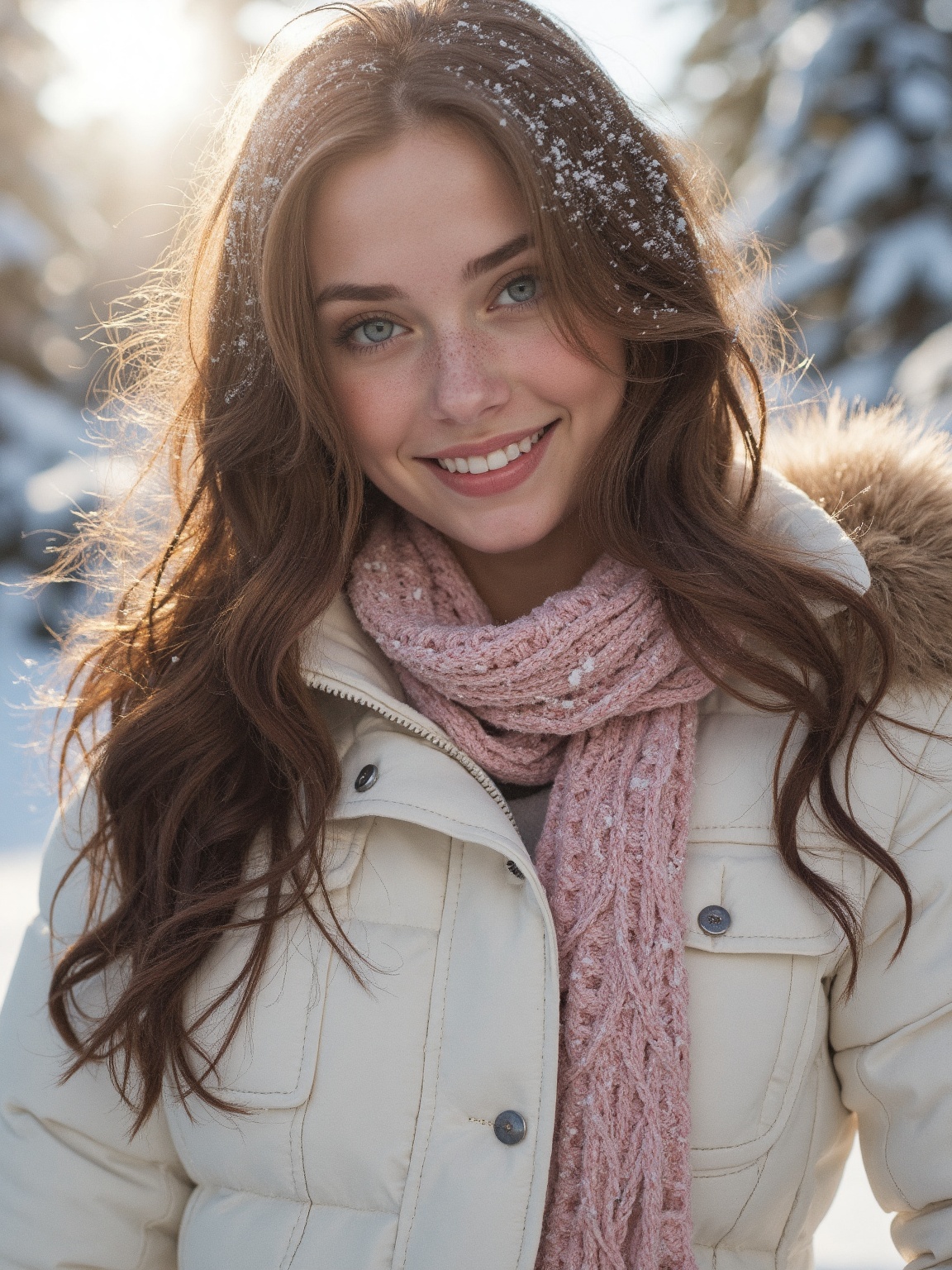 Hyper-realistic portrait of a beautiful young woman with long,  wavy brown hair and bright blue eyes,  smiling warmly. She...