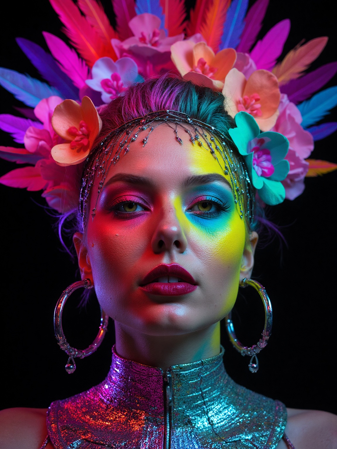 Hyper-realistic portrait of a futuristic woman with striking,  symmetrical face paint in a dual-tone gradient of vibrant c...