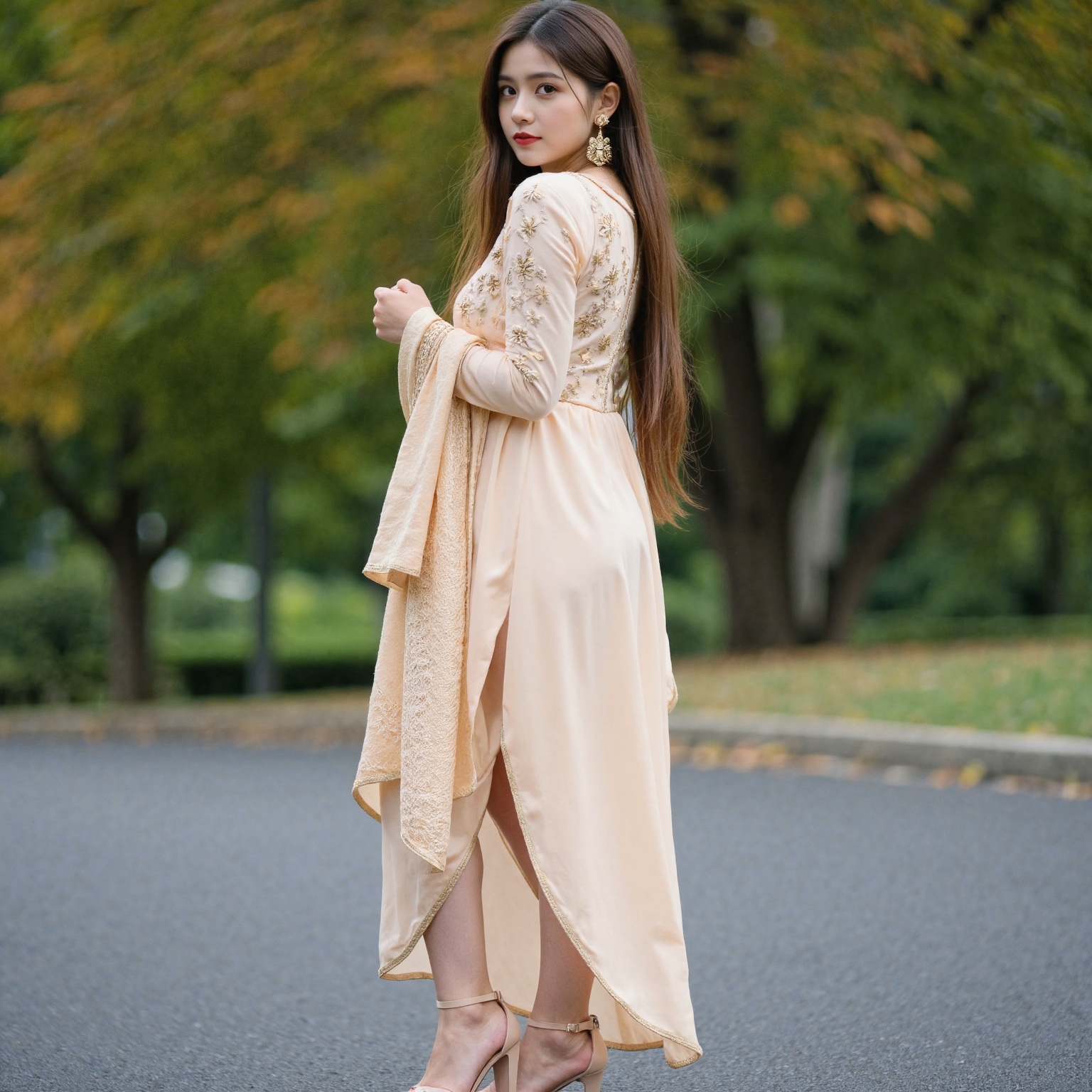A woman stands facing slightly to the right,  looking over her left shoulder towards the viewer,  wearing a light peach-co...