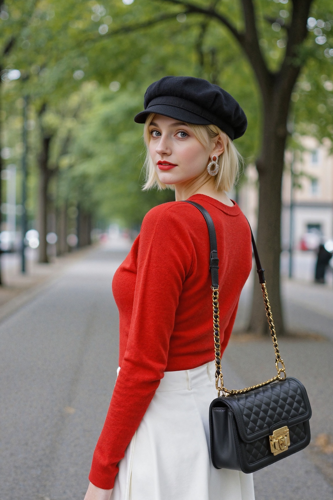 A woman with short blonde hair and blue eyes,  wearing a black beret and silver hoop earrings,  looks over her left should...