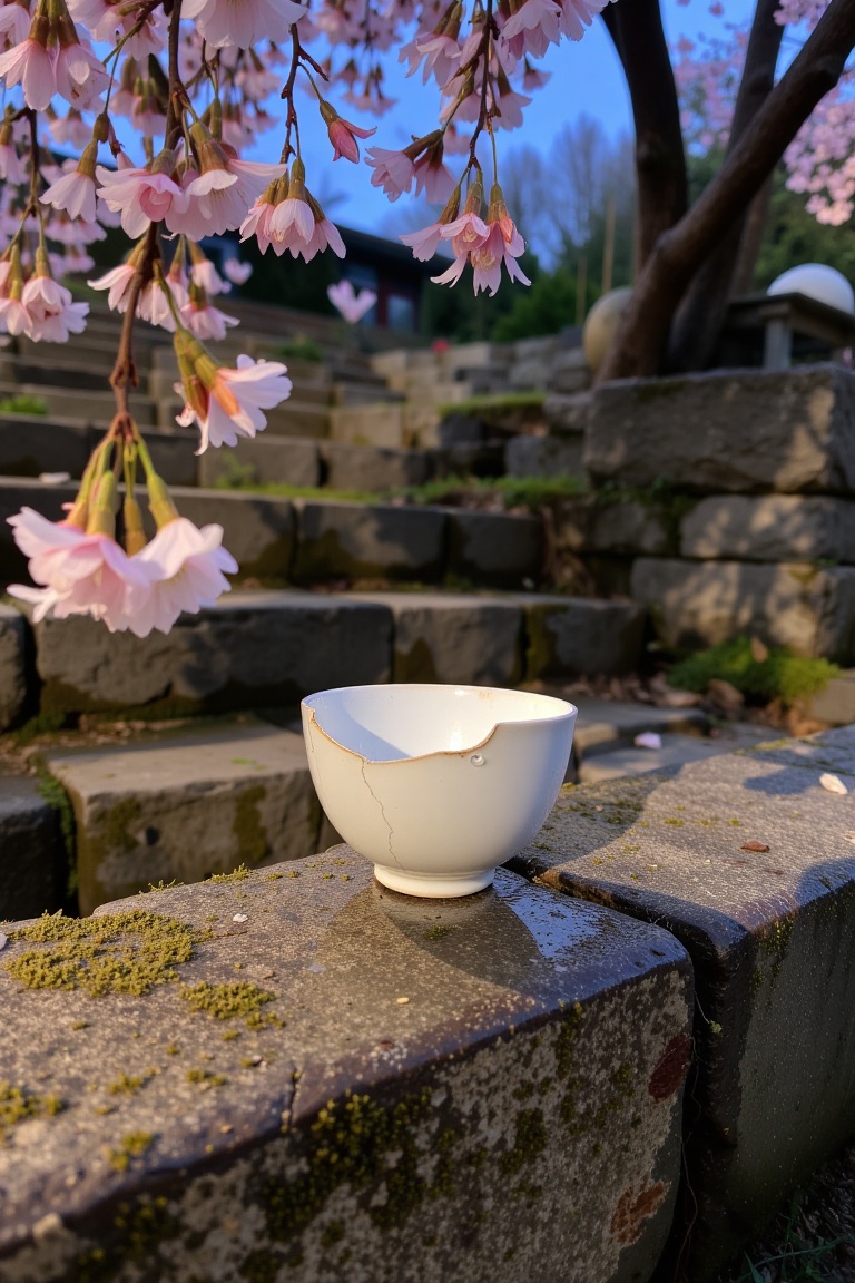 A cracked porcelain teacup half-filled with rainwater,  resting on stone steps overgrown with moss,  seen through hanging...