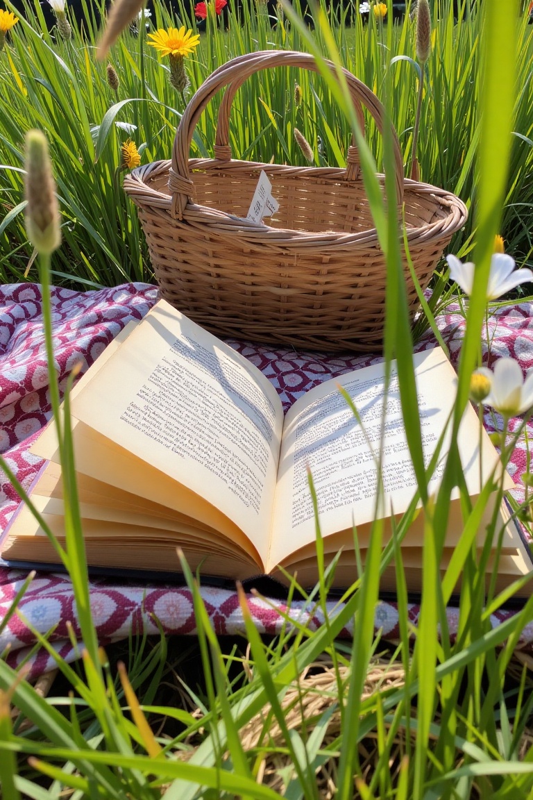 An open book with yellowed pages fluttering in the breeze,  placed on a picnic blanket,  framed from behind a basket and w...