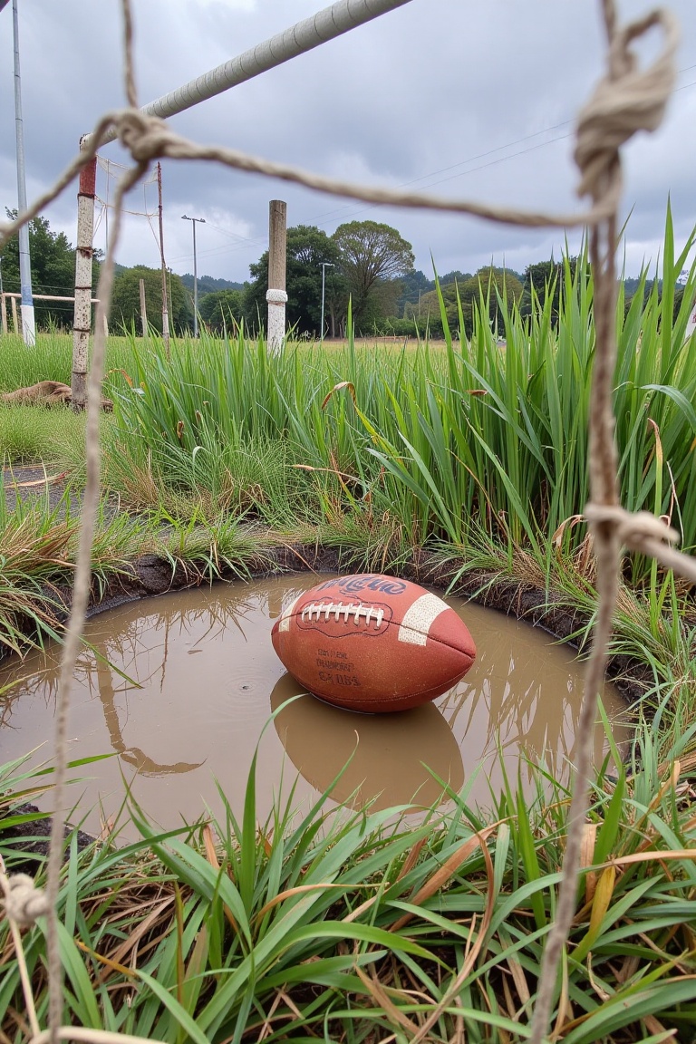 A worn leather football stuck in a muddy puddle on an empty field,  framed through the goalpost’s netting and tall overgro...