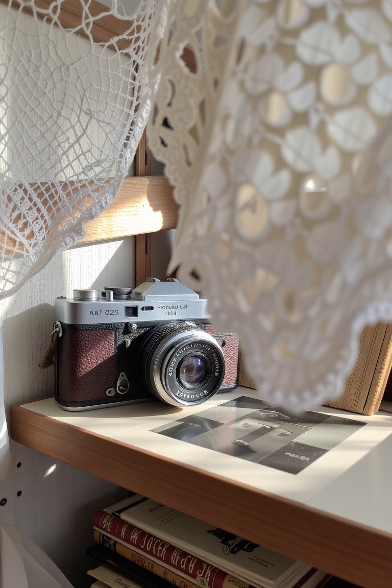 A vintage camera with cracked leather casing sits on a shelf beside dusty photo albums,  captured from behind a lace curta...