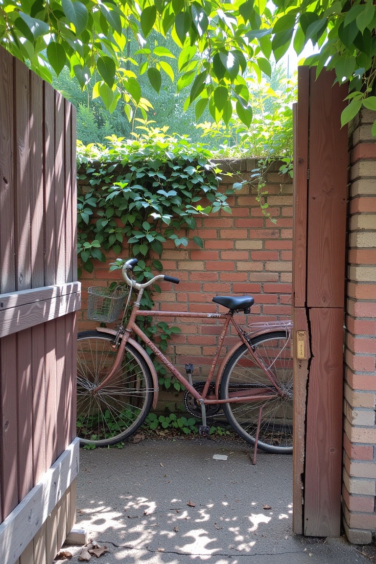 A rusted bicycle leaning against a brick wall,  partially covered in ivy,  framed through a cracked wooden gate as dappled...