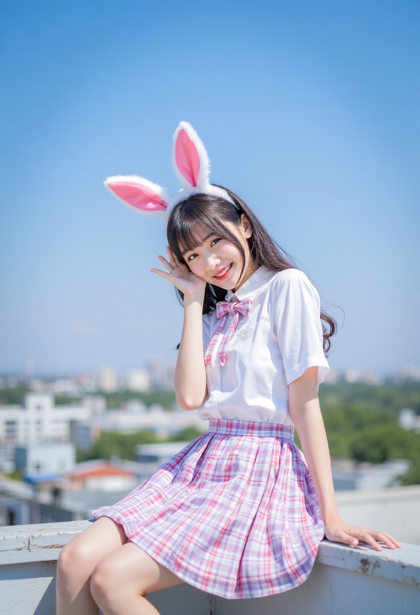 A woman with long,  flowing hair sits on a rooftop,  wearing a white blouse and a plaid skirt. She has bunny ears perched...